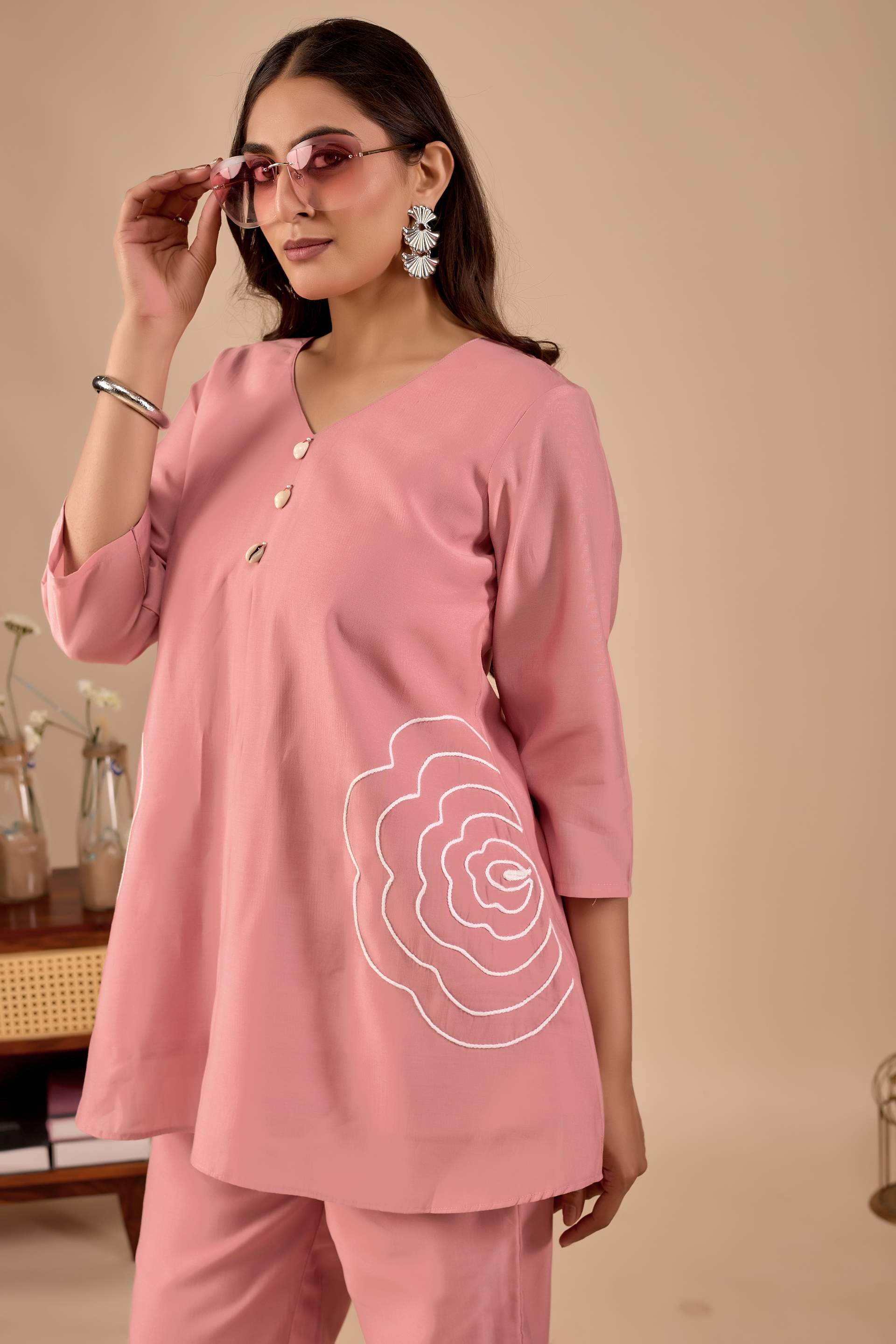 Blush Pink Floral Embroidered Co-Ord Set For Women B2b