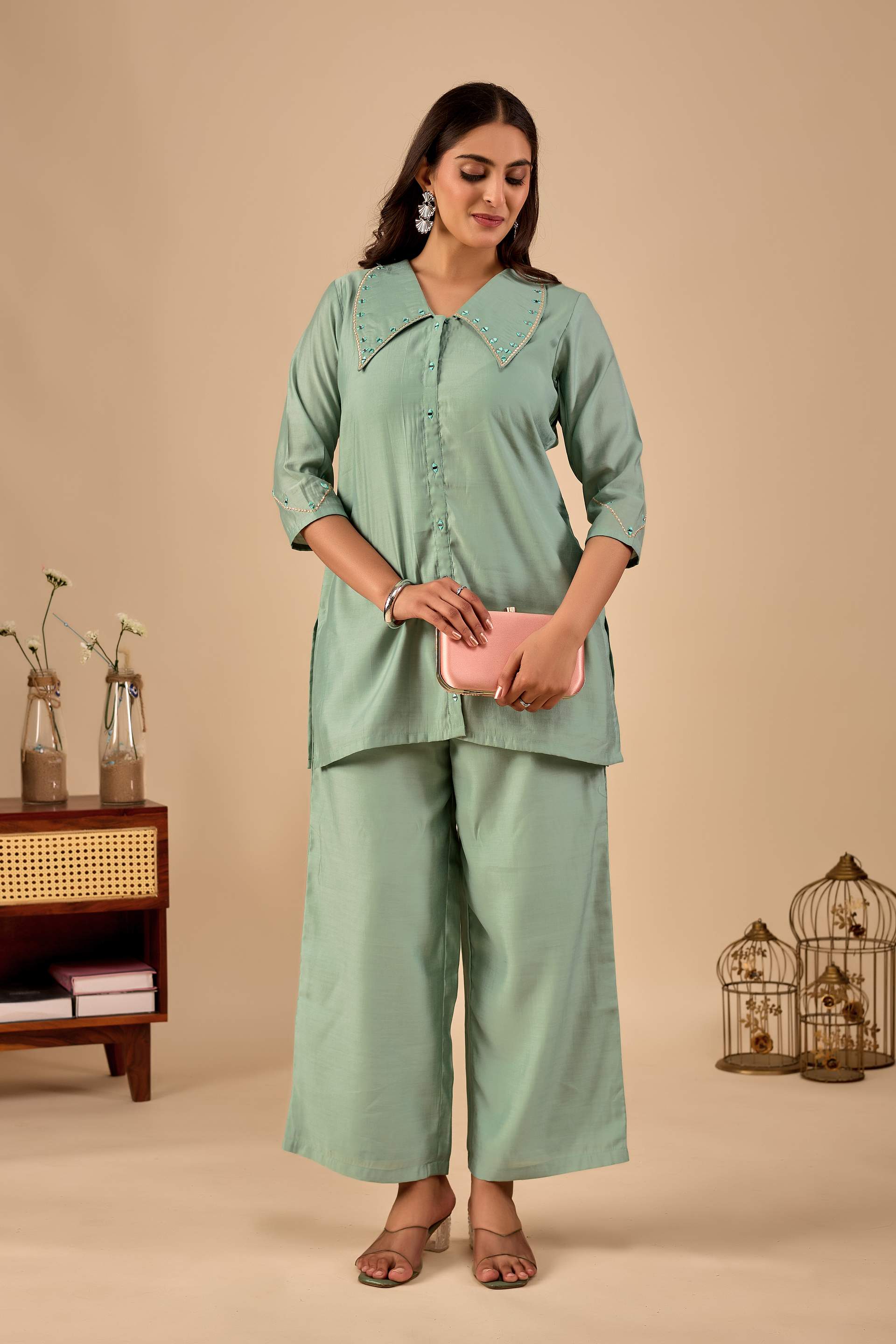 Elegant Sage Green Handwork Co-Ord Set With Embroidered Collar & Wide-Leg Pants B2b