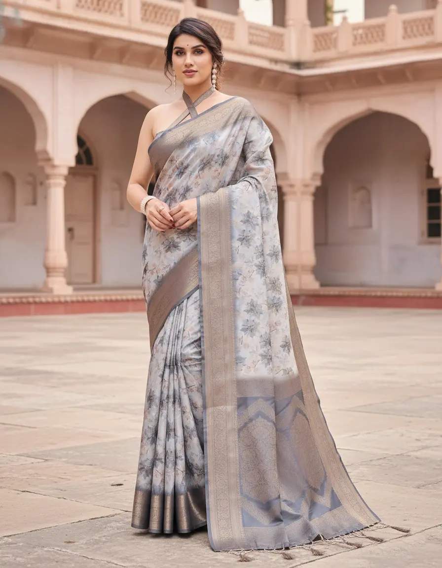 Elegant Floral Printed Silk Saree And Woven Border And Pallu With Unstitched Blouse And Party Wear | Dhanjyoti 