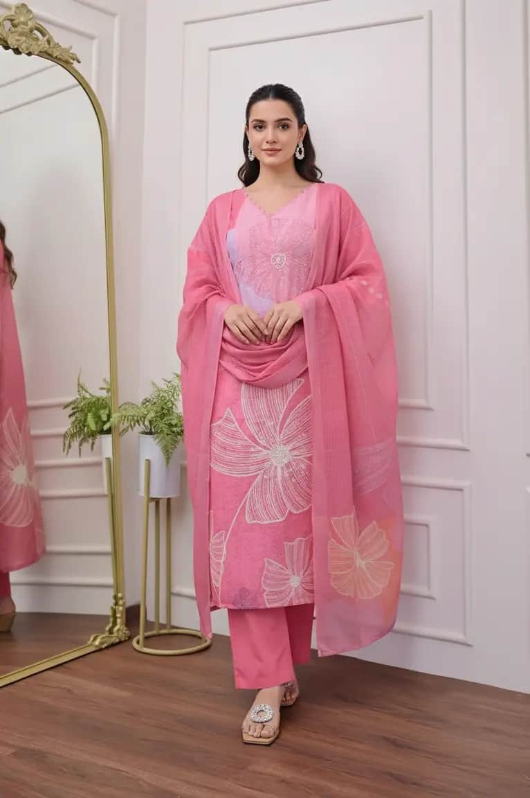  Pastel Pink Suit Set With Large Floral Embroidery/Print | Dhanjyoti