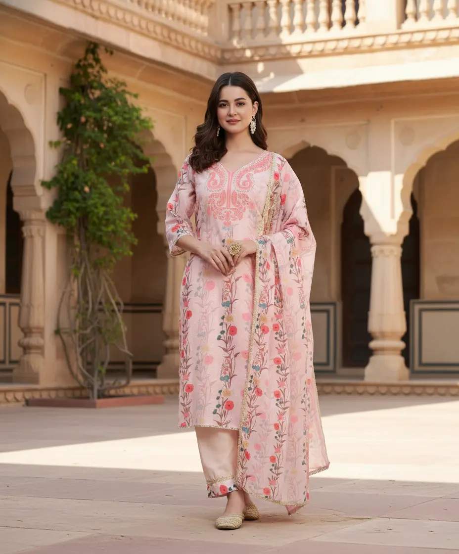 Baby Pink Shifli Cotton Printed With Embroidered Kurta Set For Party Wear | Dhanjyoti