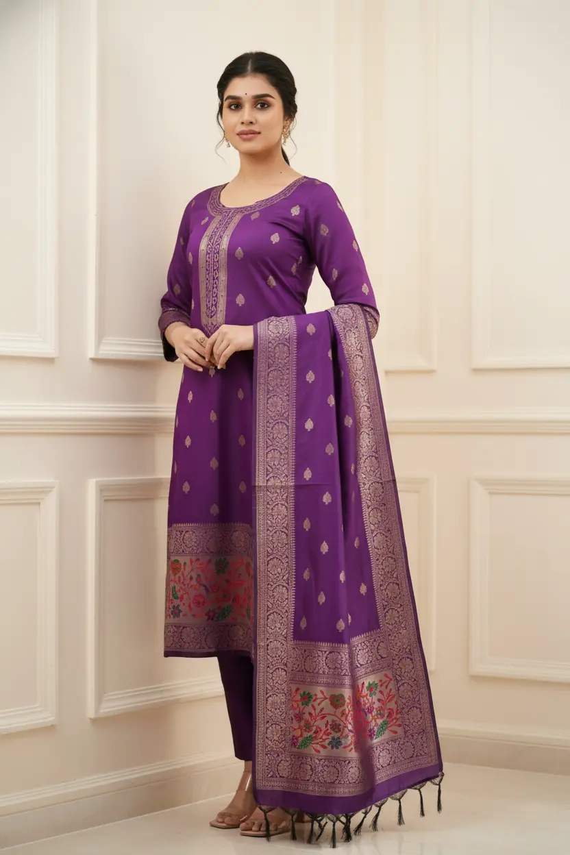 Woven Paithani-Style Kurta Set With Brocade Dupatta For Party Wear | Dhanjyoti