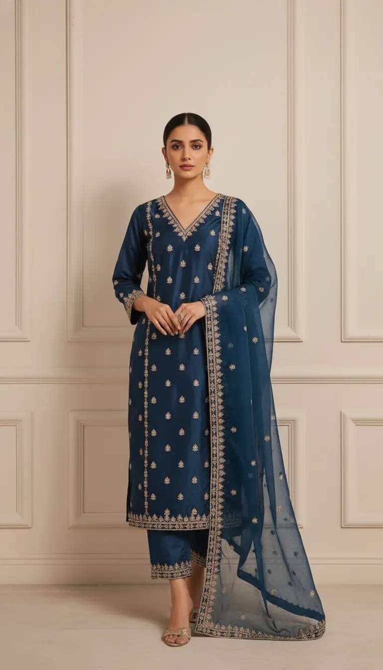 Navy Blue Chanderi Silk Suit Set With Gold Embroidery For Evening Wear | Dhanjyoti