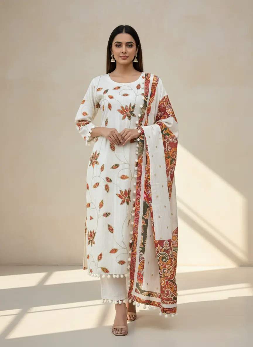 Off-White Lotus Print Kurta Set With Pom-Pom Lace Work For Party Wear | Dhanjyoti