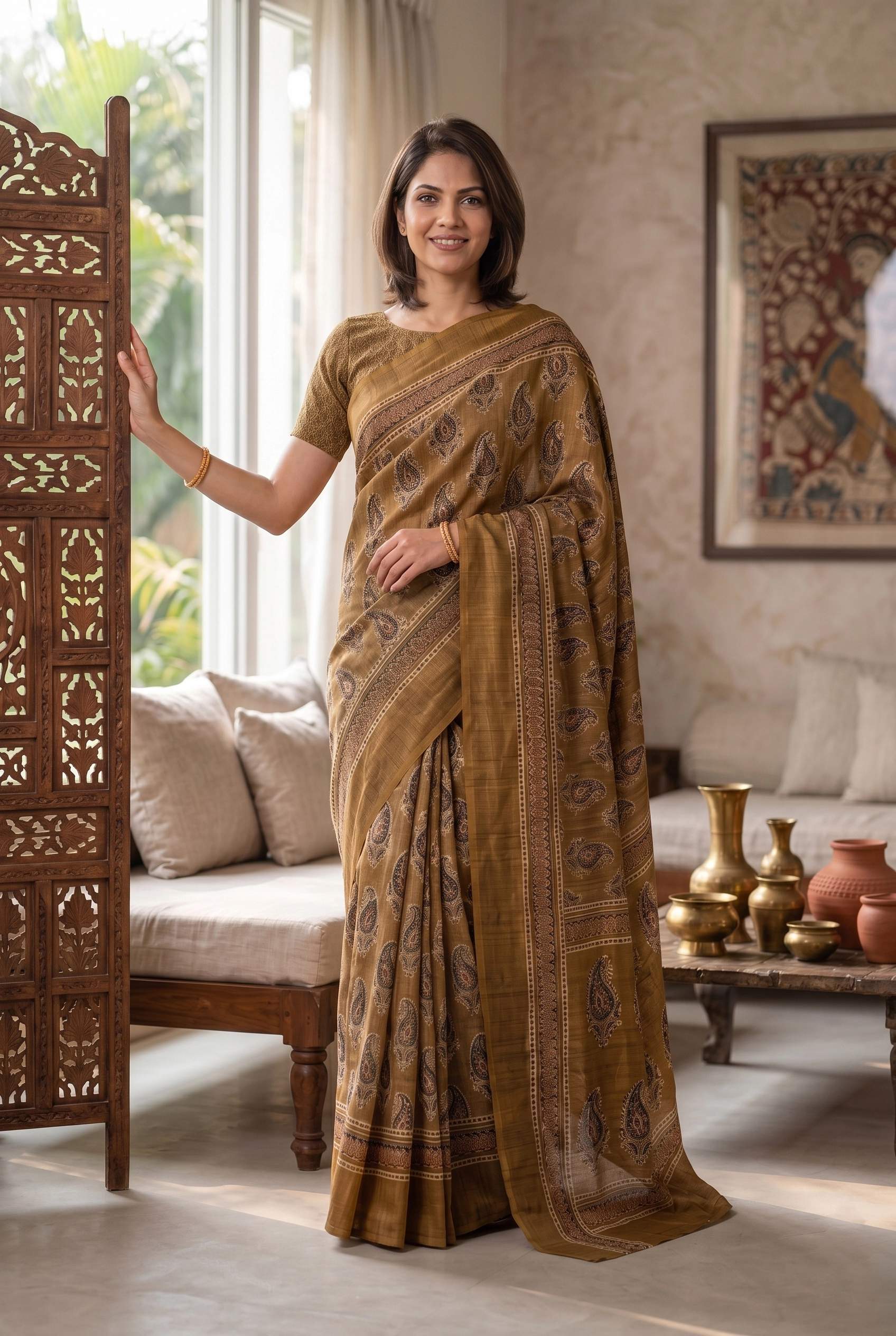 Mustard Brown Printed Saree With Traditional Paisley & Border Design Saree Casual Wear | Dhanjyoti 