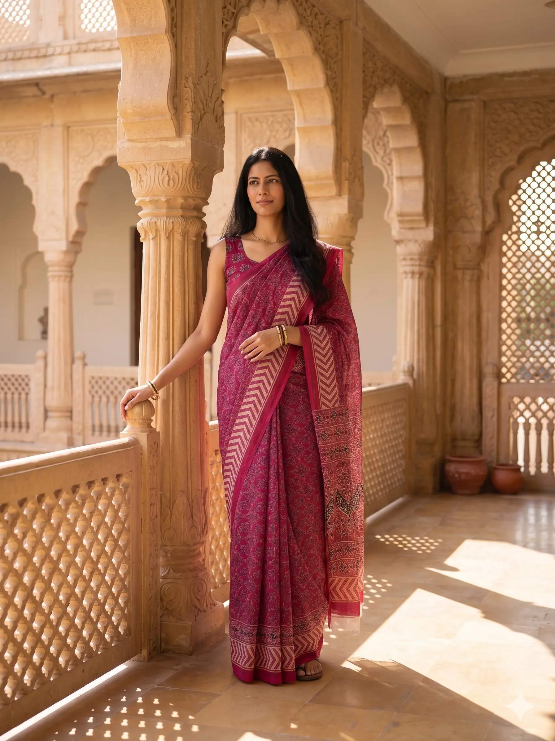 Pink Chanderi Cotton Saree With Ethnic Motifs & Contrast Chevron Border Casual Wear | Dhanjyoti