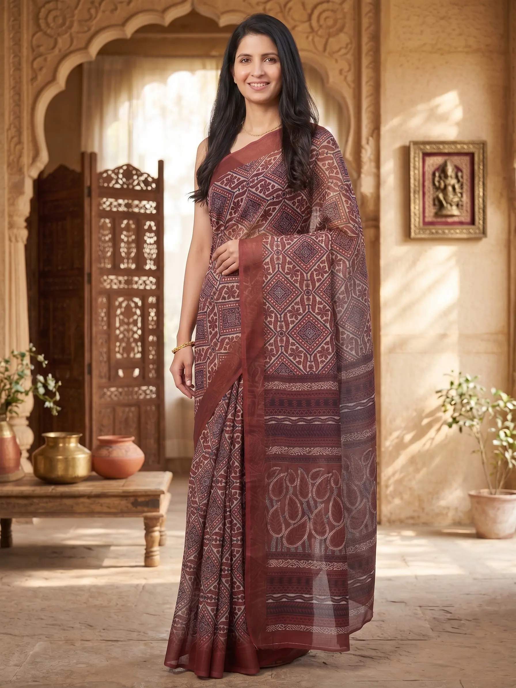 Maroon Chanderi Cotton Saree With Ethnic Geometric Print & Rich Border Casual Wear | Dhanjyoti