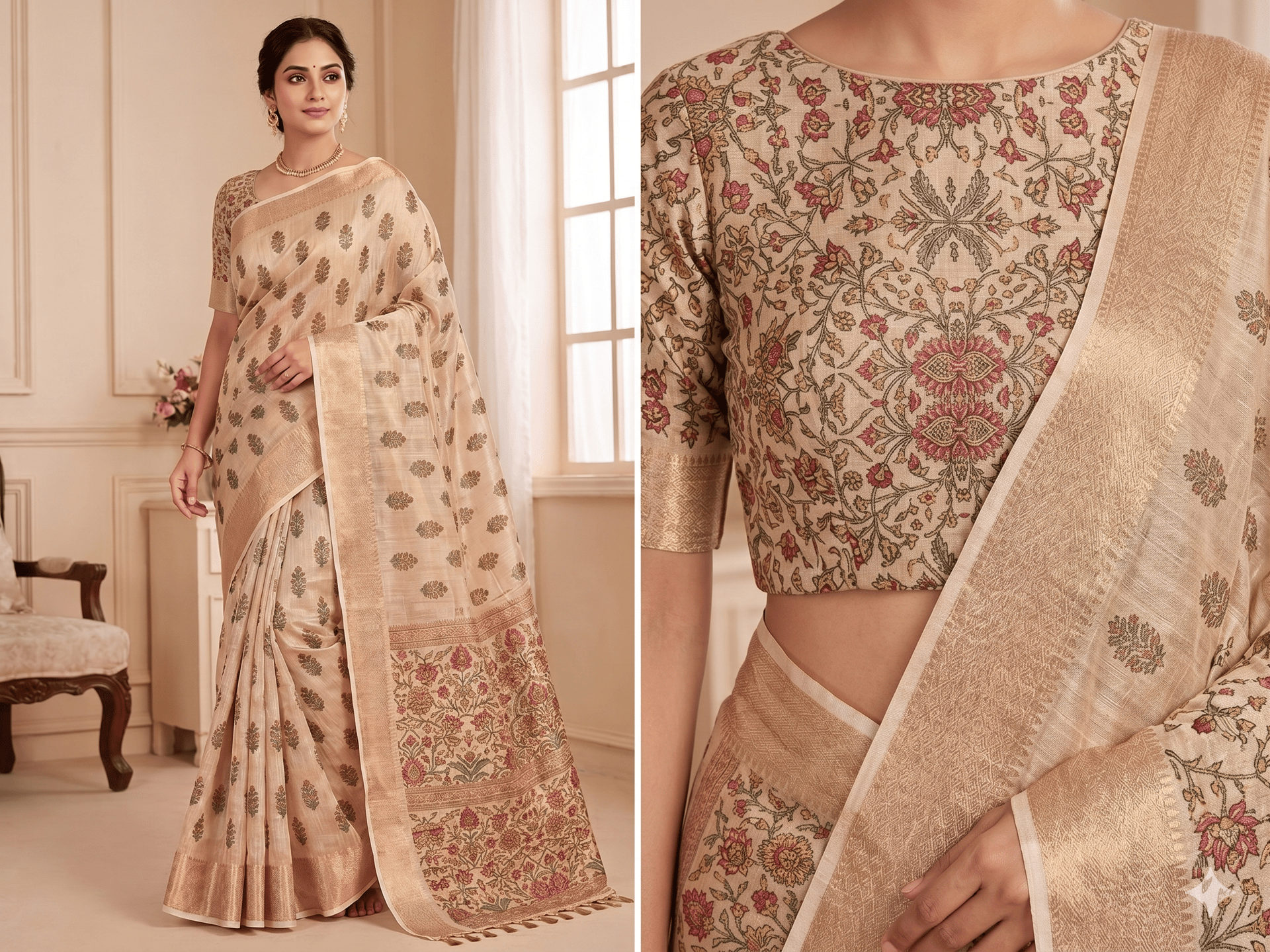 Dhanjyoti Traditional Floral Print Erode Woven Fabric Saree Featuring Woven Zari Border And Pallu Tassels 