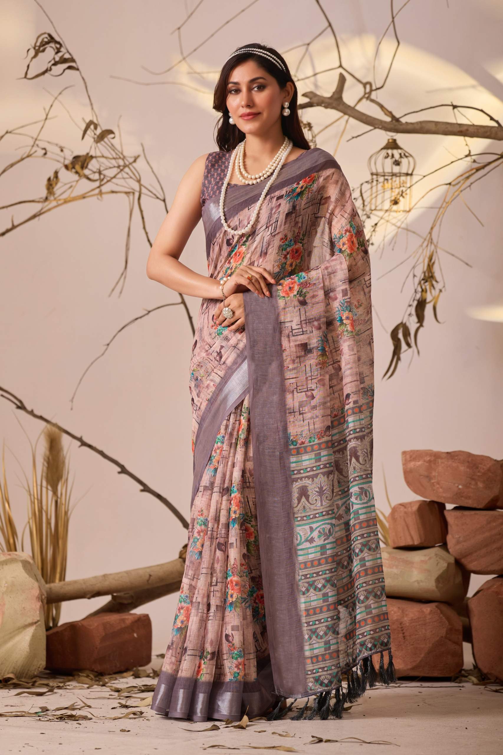Lightweight Linen Silk Saree Modern Printed Design & Metallic Border