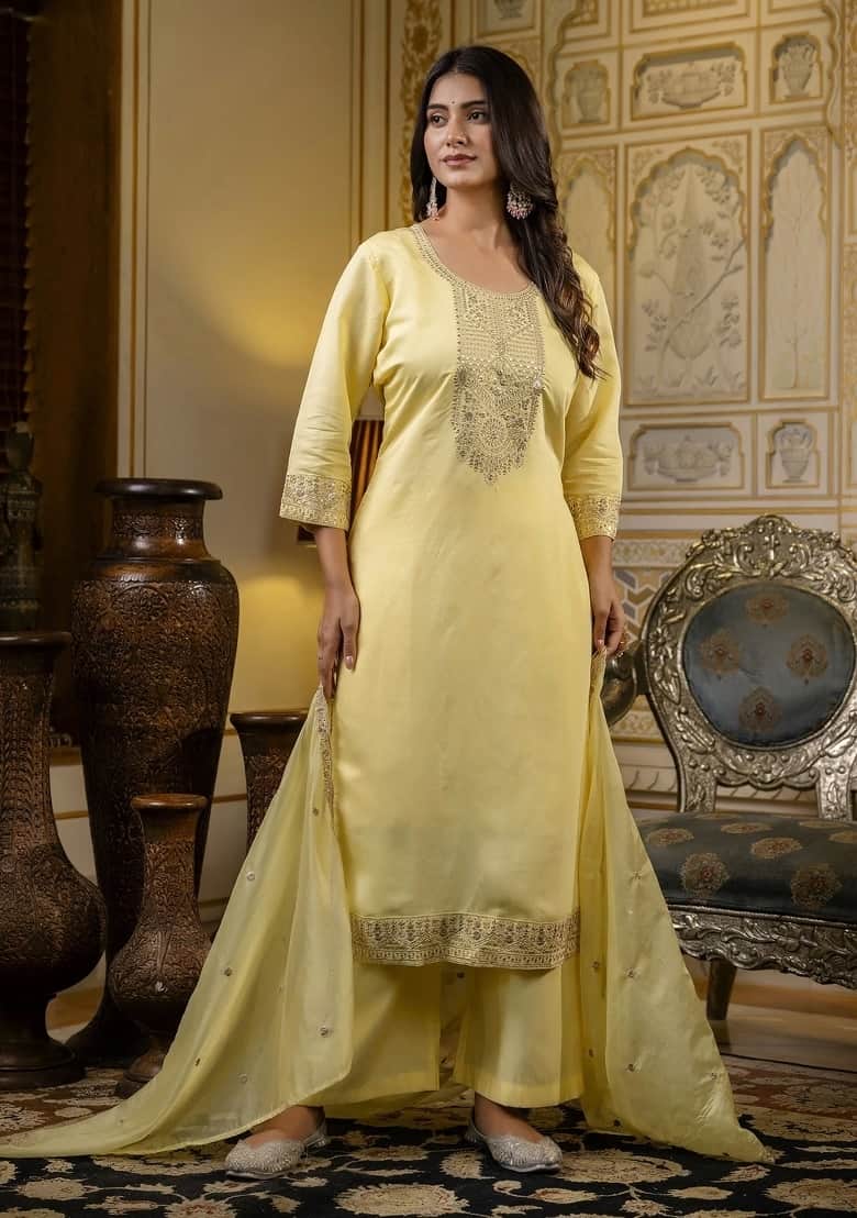 Light Lemon Yellow Silk Blend Kurta Set With Heavy Gold Zari Work