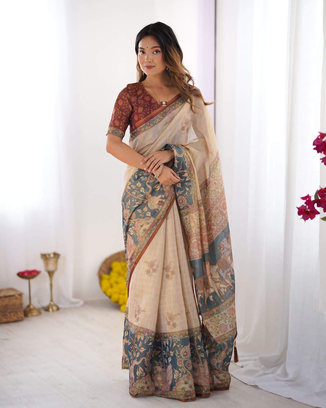 Beige & Teal Printed Saree For Women | Elegant Traditional Ethnic Wear