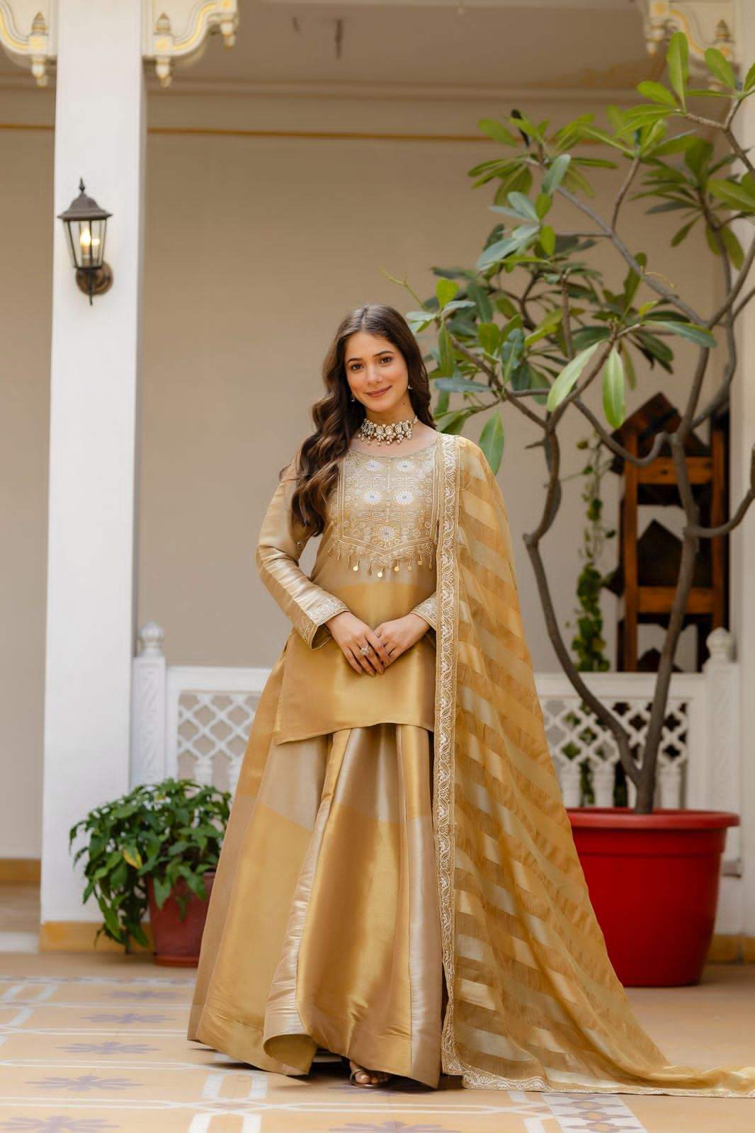Golden Silk Kurta With Flared Lehenga Set For Women | Embroidered Festive & Wedding Ethnic Wear