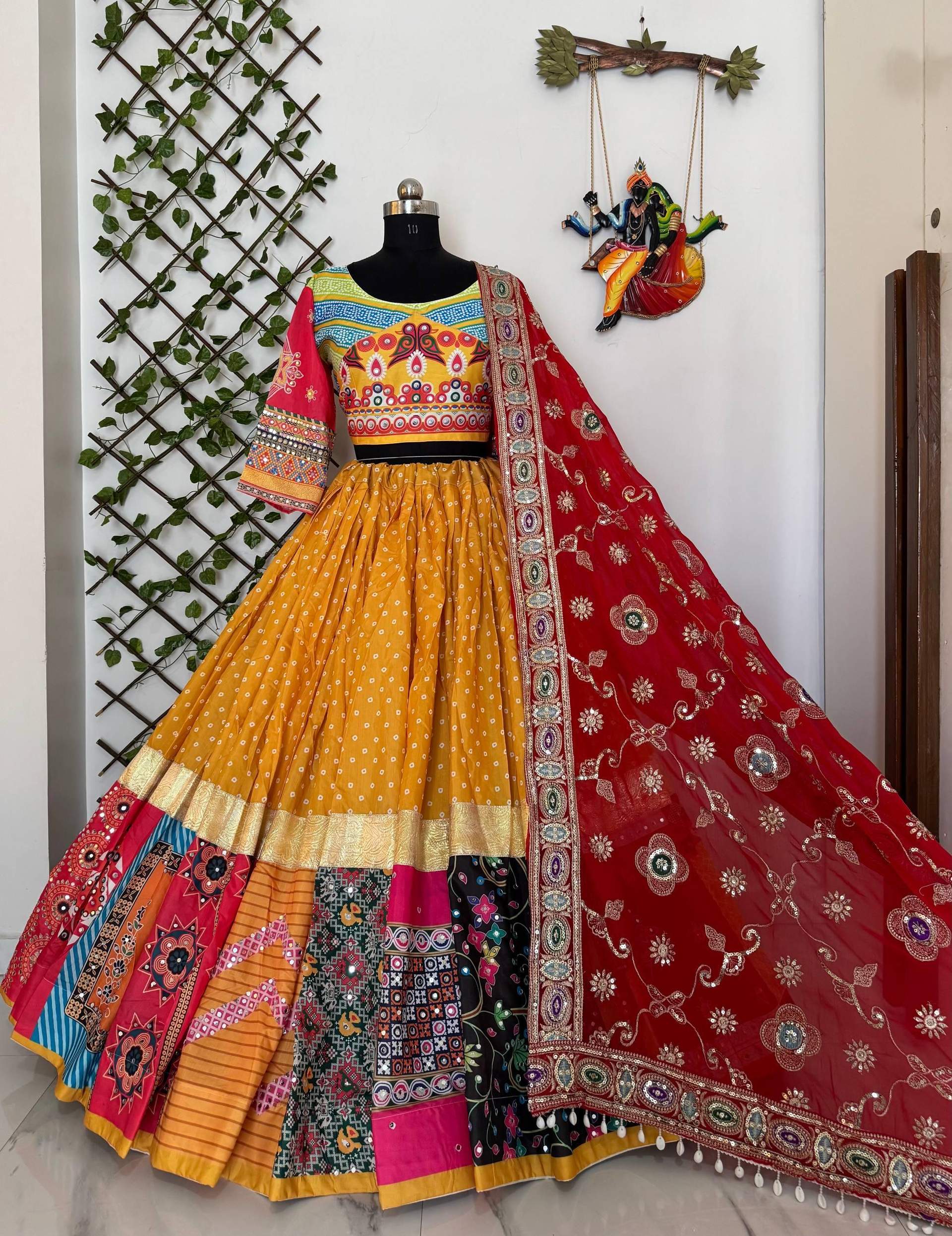 Navratri Special Printed Lehenga Choli With Red Embroidered Dupatta For Women