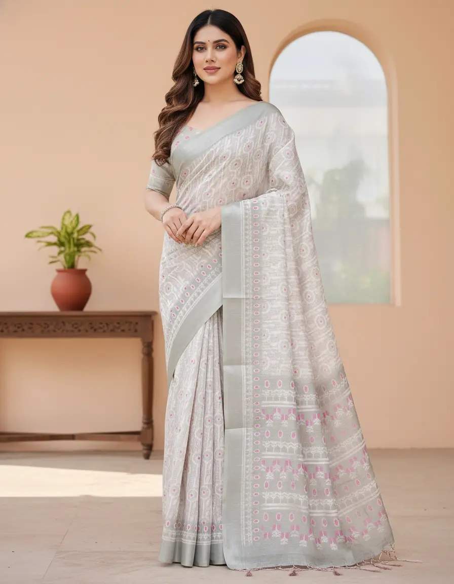 Elegant Linen Printed Saree And Zari Woven Border With Unstitched Blouse | Dhanjyoti 