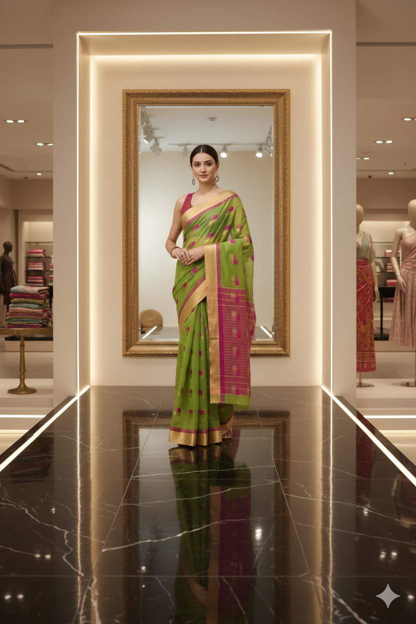 Green & Pink Kota Doria Silk Saree With Golden Zari Border Look Like Handcrafted Lightweight Festive Wear