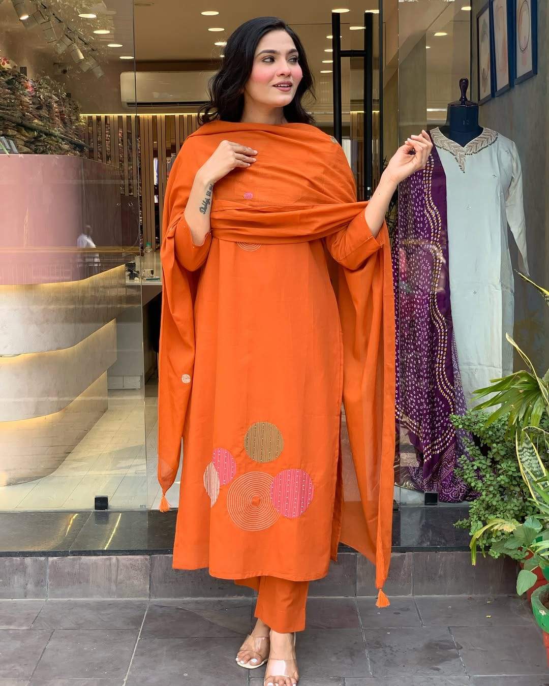 Feel The Sunshine In Our Orange Abstract Embroidered Kurta Set For Summer Wear | Dhanjyoti 