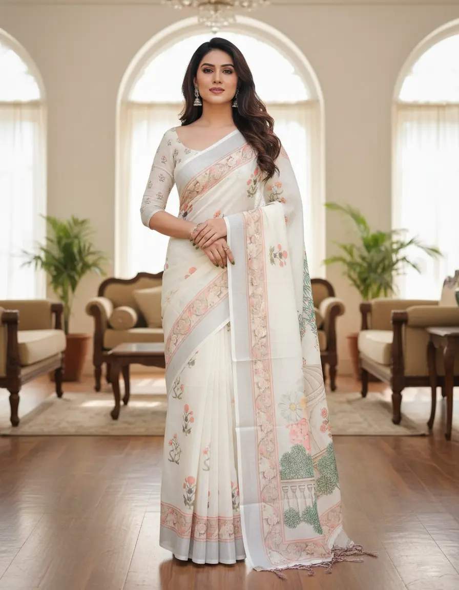 Elegant Floral Printed Silk Saree And Zari Woven Border For Evening Wear With Unstitched Blouse | Dhanjyoti 