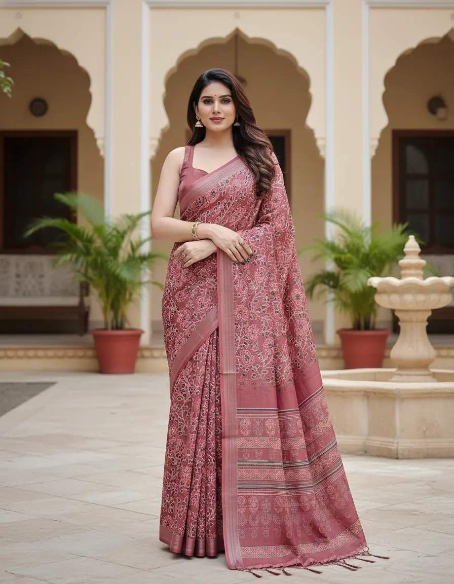 Traditional Maroon Printed Saree Woven Border And Evening Wear And Unstitched Blouse | Dhanjyoti 