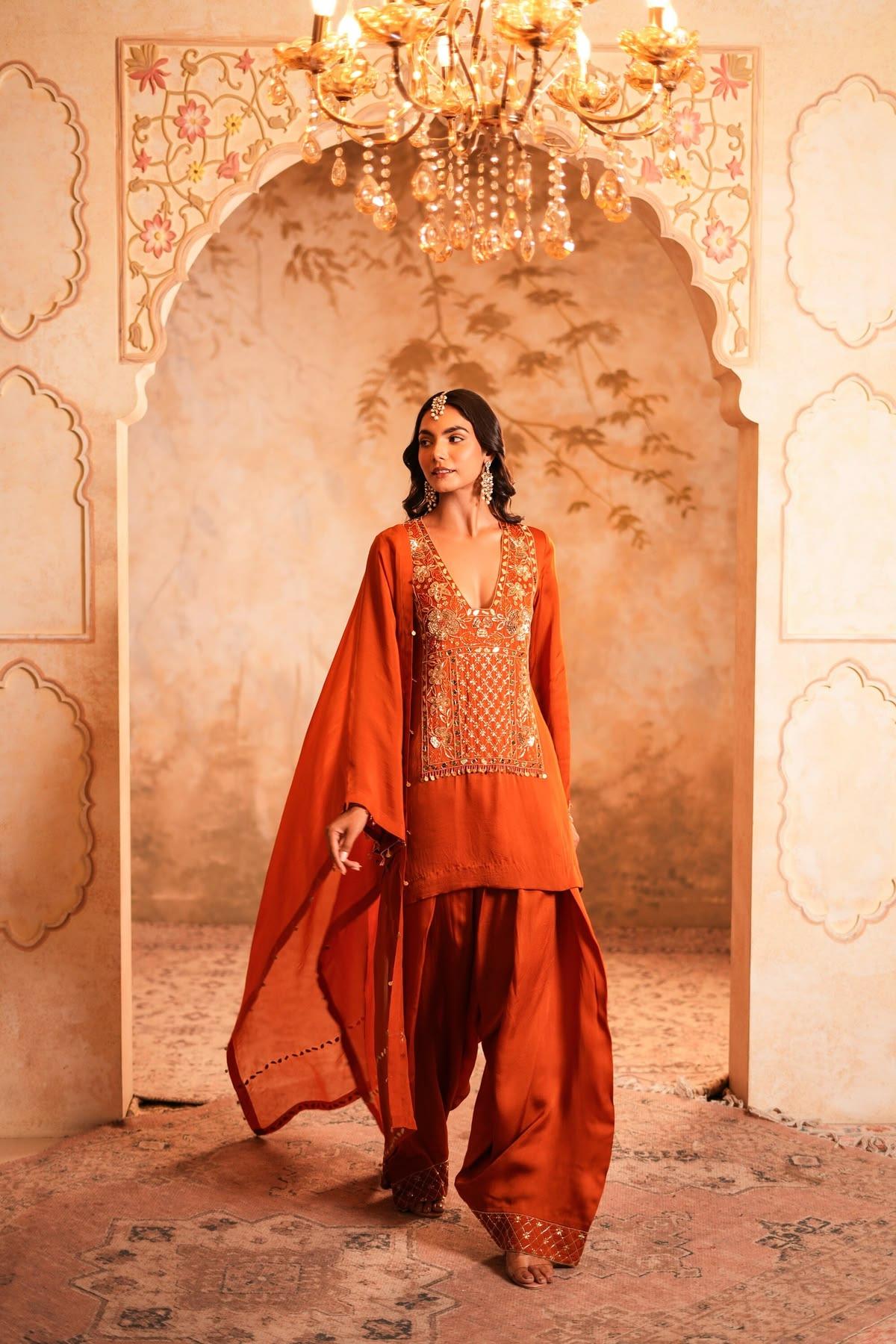Rust Embroidered Kurta Set