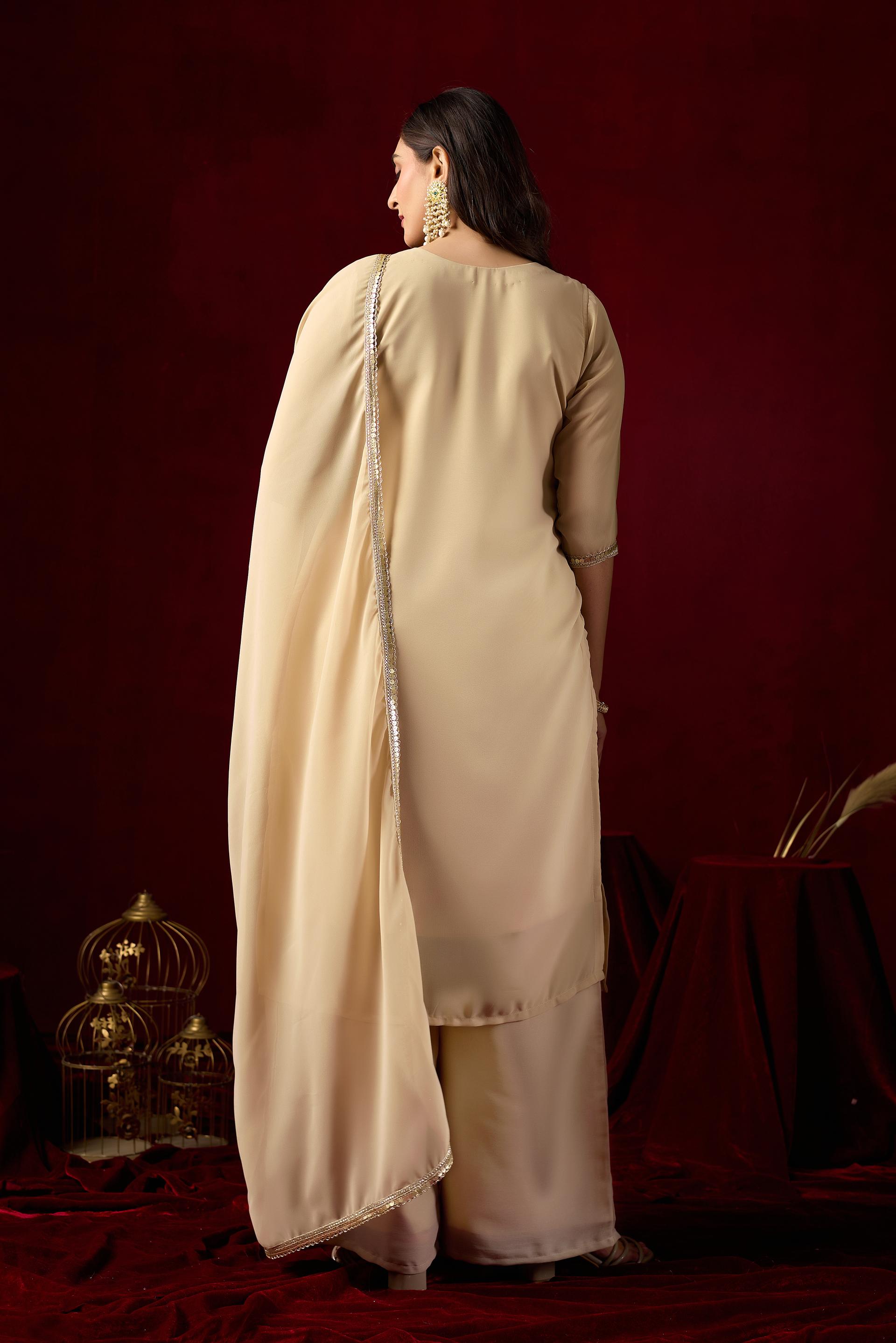 Beige Embroidered Kurta Palazzo Set With Elegant Dupatta - Image 2