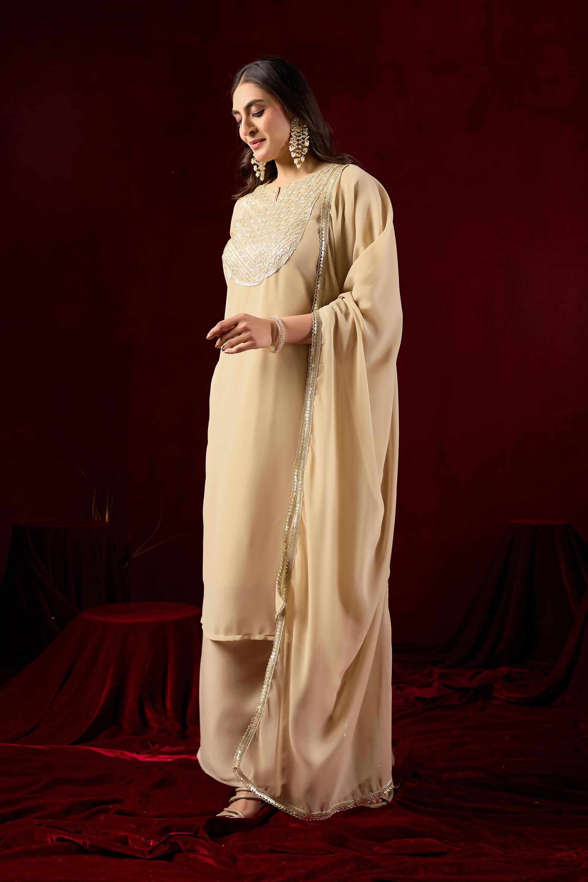 Beige Embroidered Kurta Palazzo Set With Elegant Dupatta - Image 3