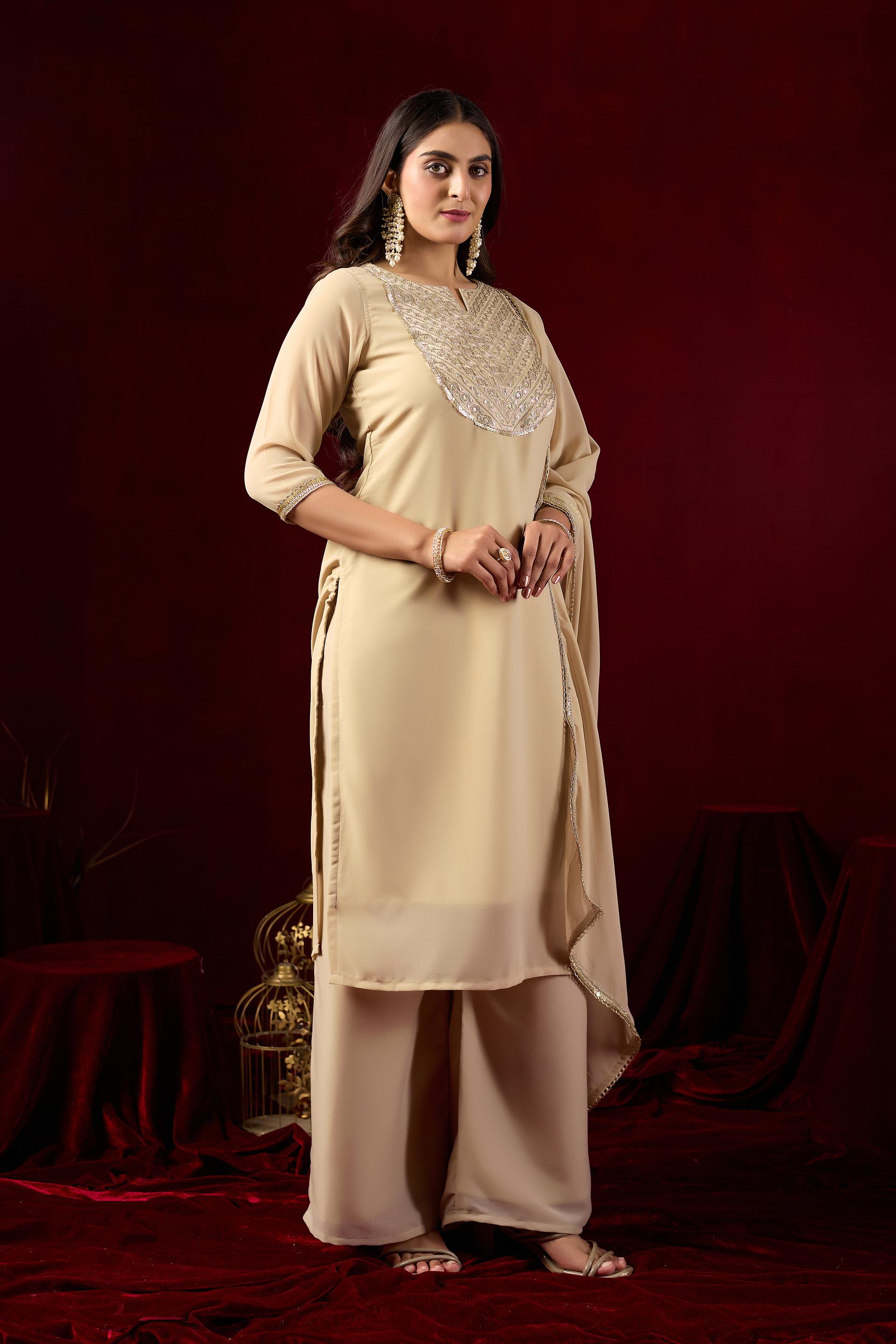 Beige Embroidered Kurta Palazzo Set With Elegant Dupatta - Image 4