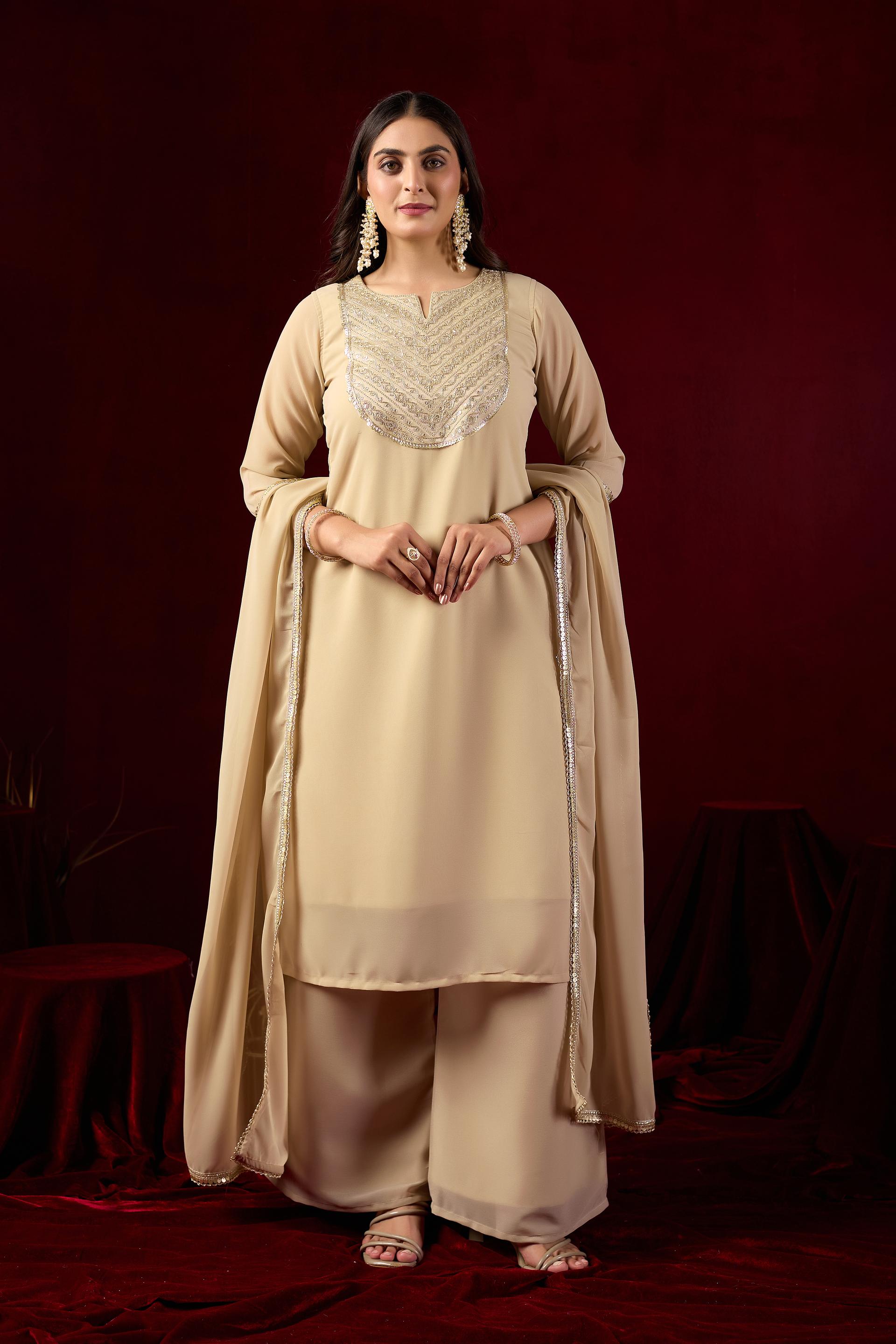 Beige Embroidered Kurta Palazzo Set With Elegant Dupatta