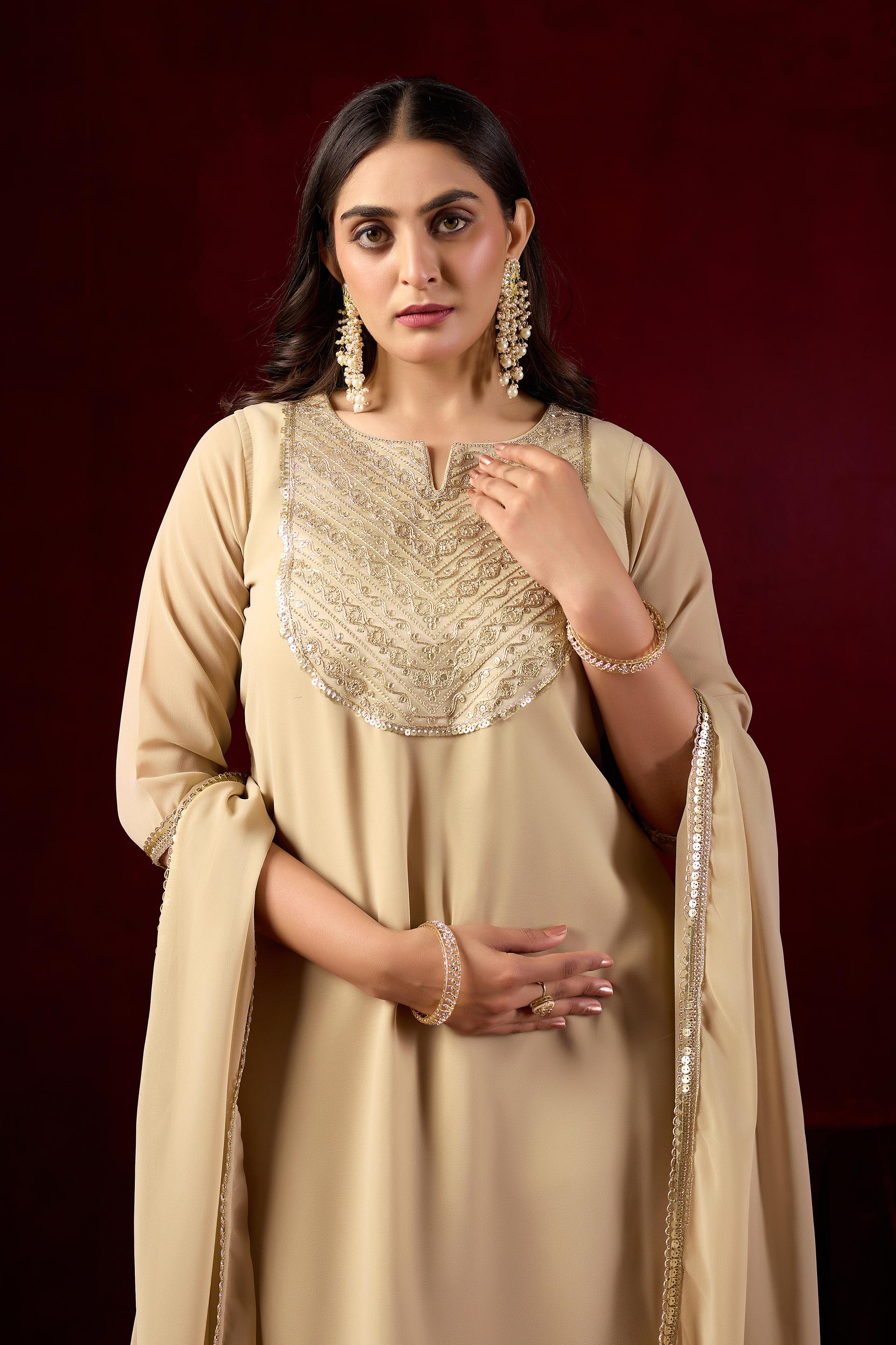 Beige Embroidered Kurta Palazzo Set With Elegant Dupatta - Image 5