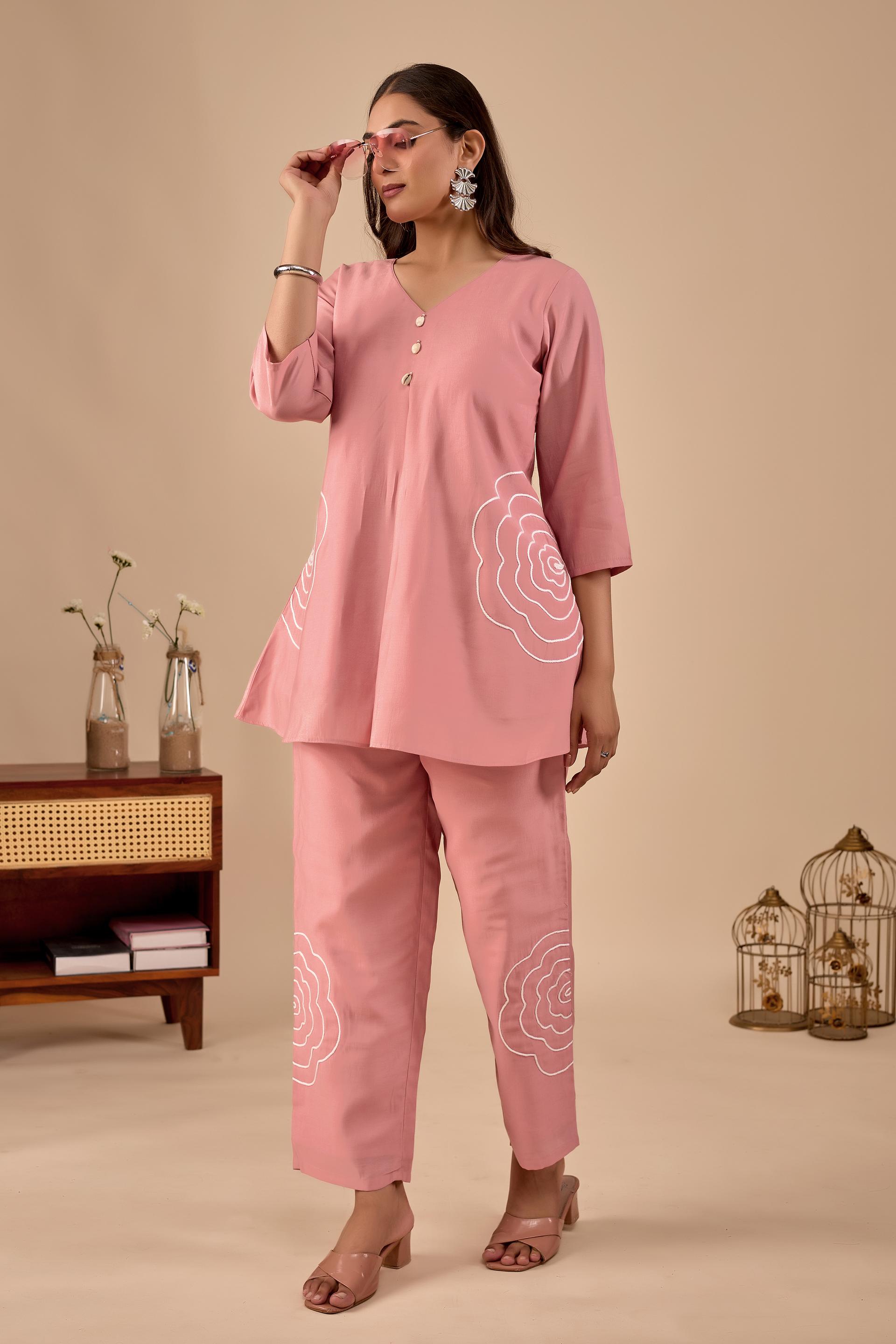 Blush Pink Floral Embroidered Co-Ord Set For Women B2b - Image 3