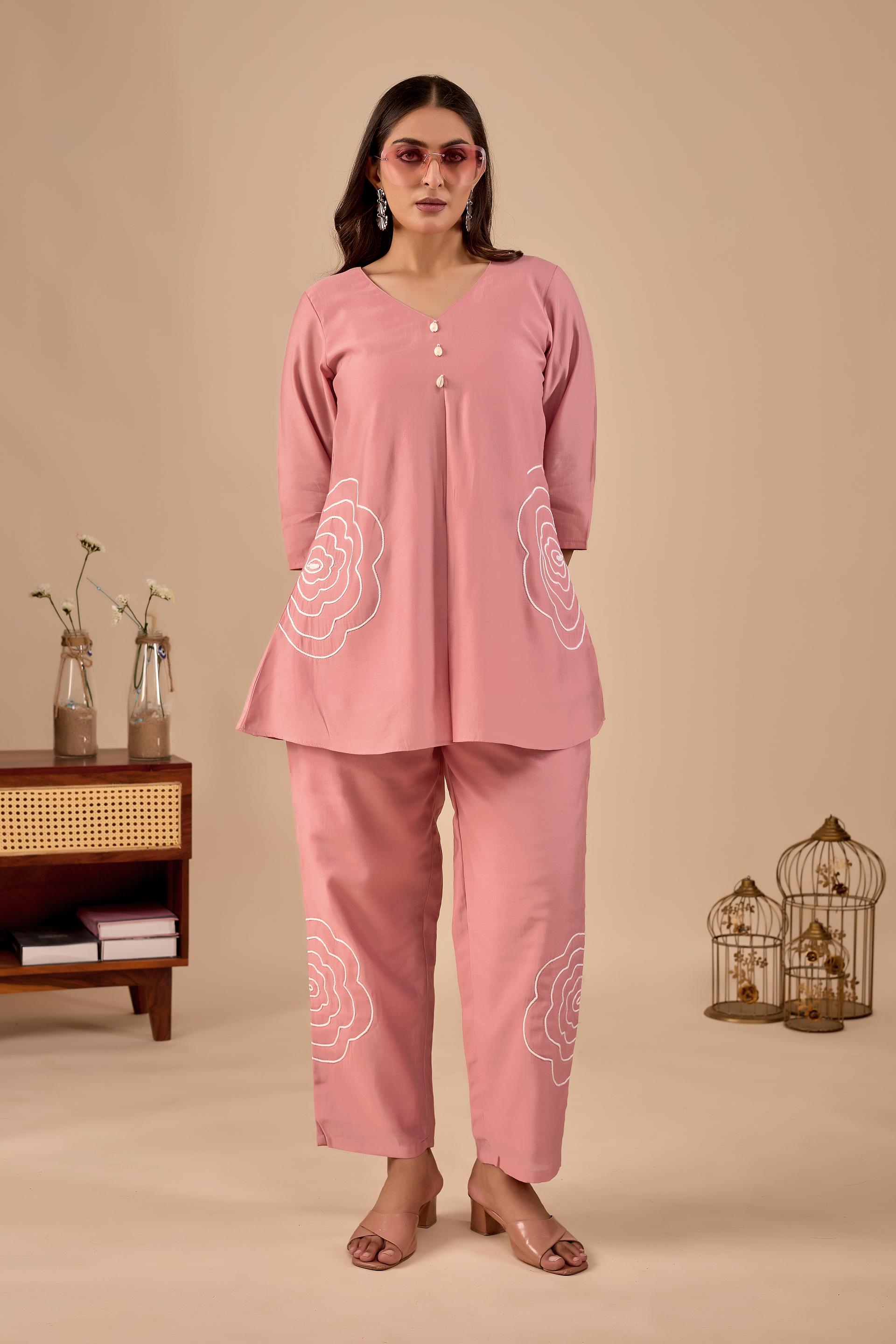 Blush Pink Floral Embroidered Co-Ord Set For Women B2b - Image 4