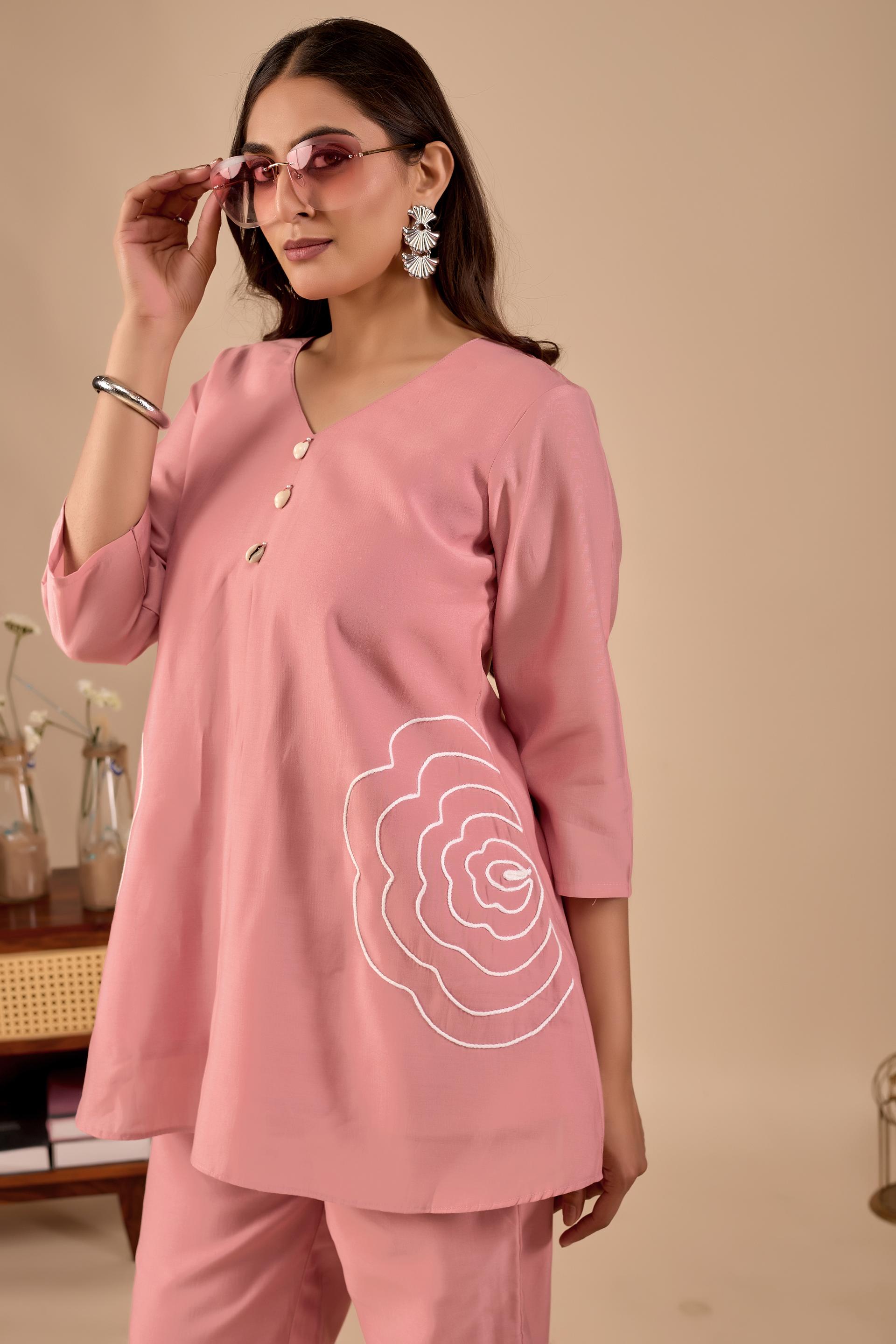 Blush Pink Floral Embroidered Co-Ord Set For Women B2b