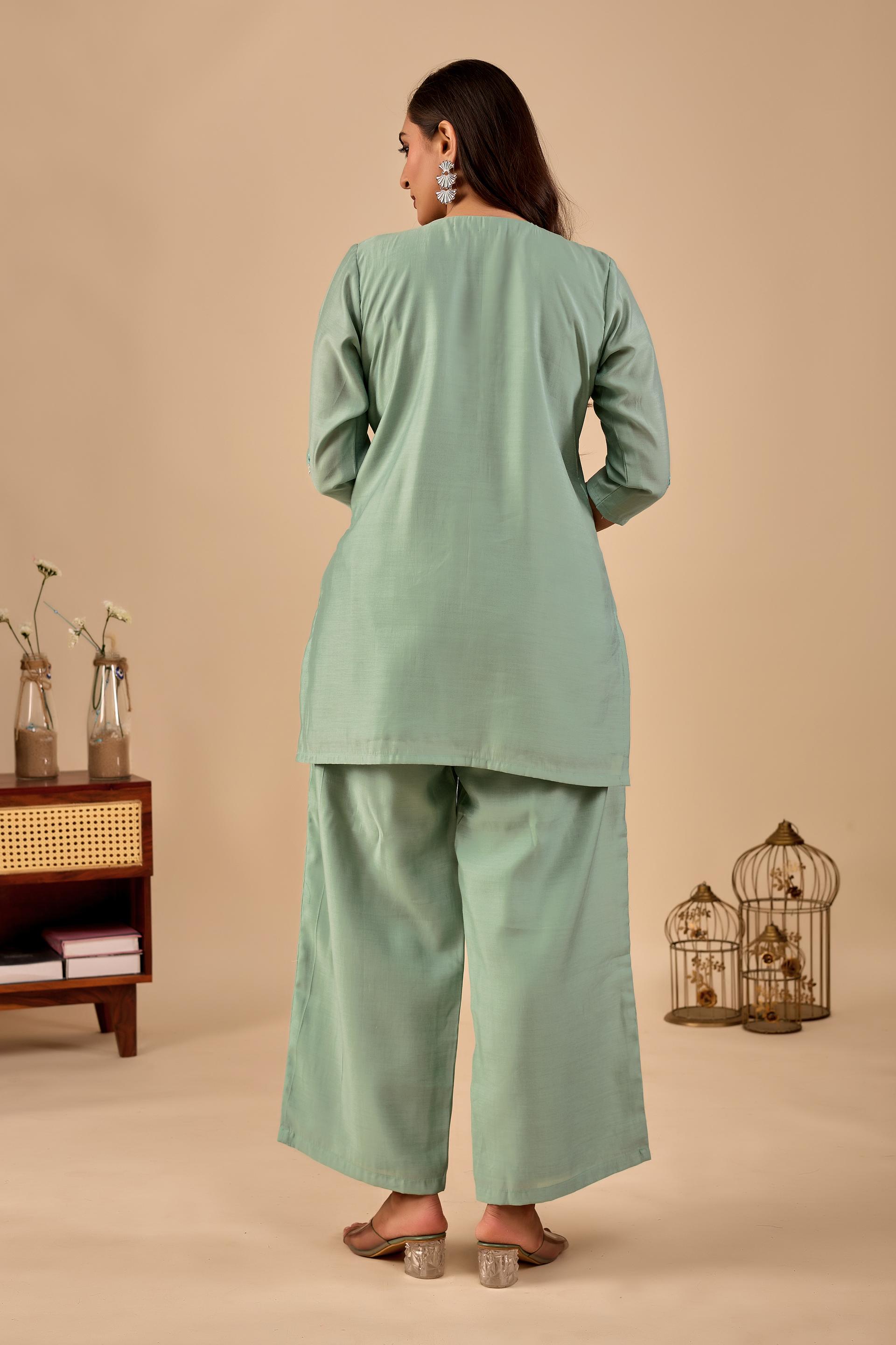 Elegant Sage Green Handwork Co-Ord Set With Embroidered Collar & Wide-Leg Pants B2b - Image 2