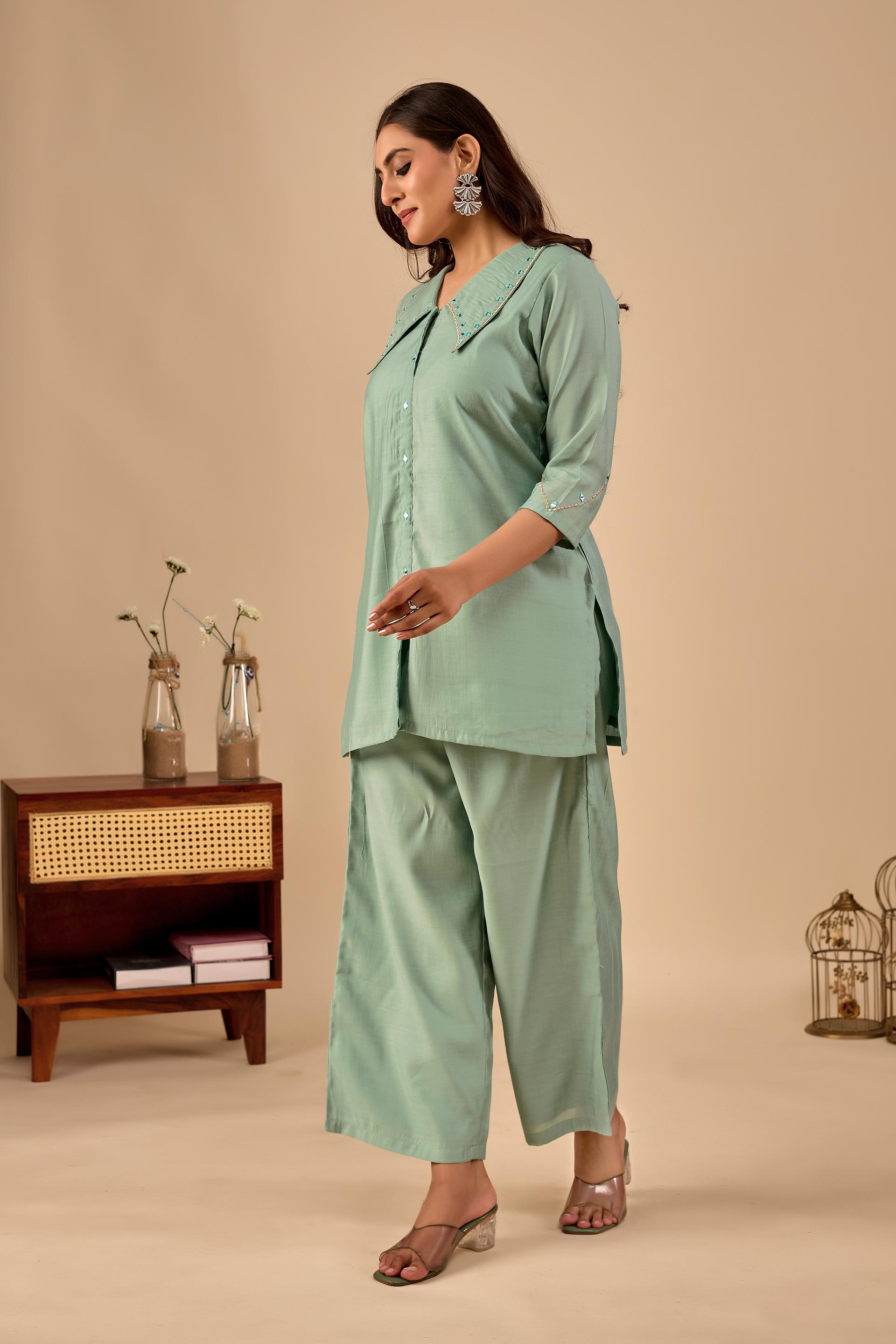 Elegant Sage Green Handwork Co-Ord Set With Embroidered Collar & Wide-Leg Pants B2b - Image 3