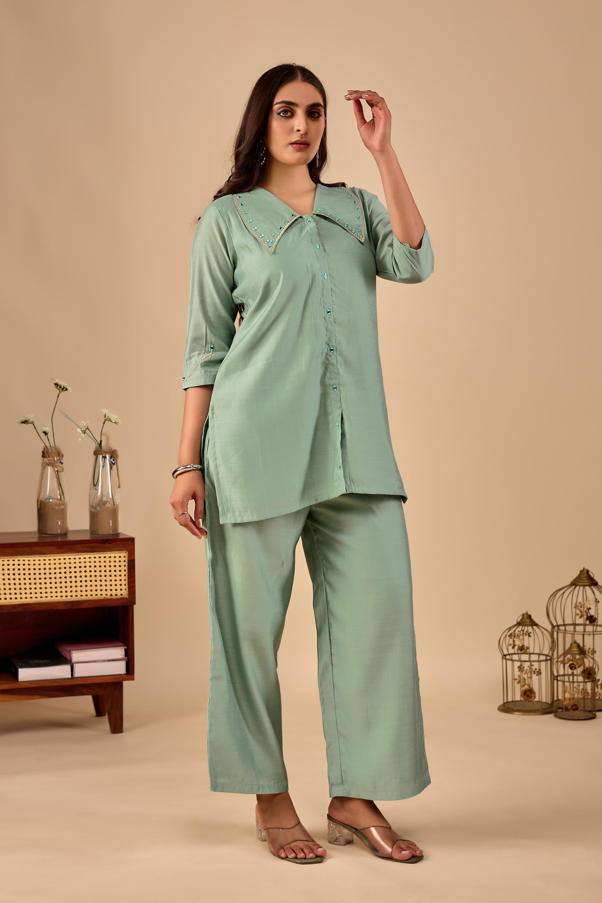 Elegant Sage Green Handwork Co-Ord Set With Embroidered Collar & Wide-Leg Pants B2b - Image 4