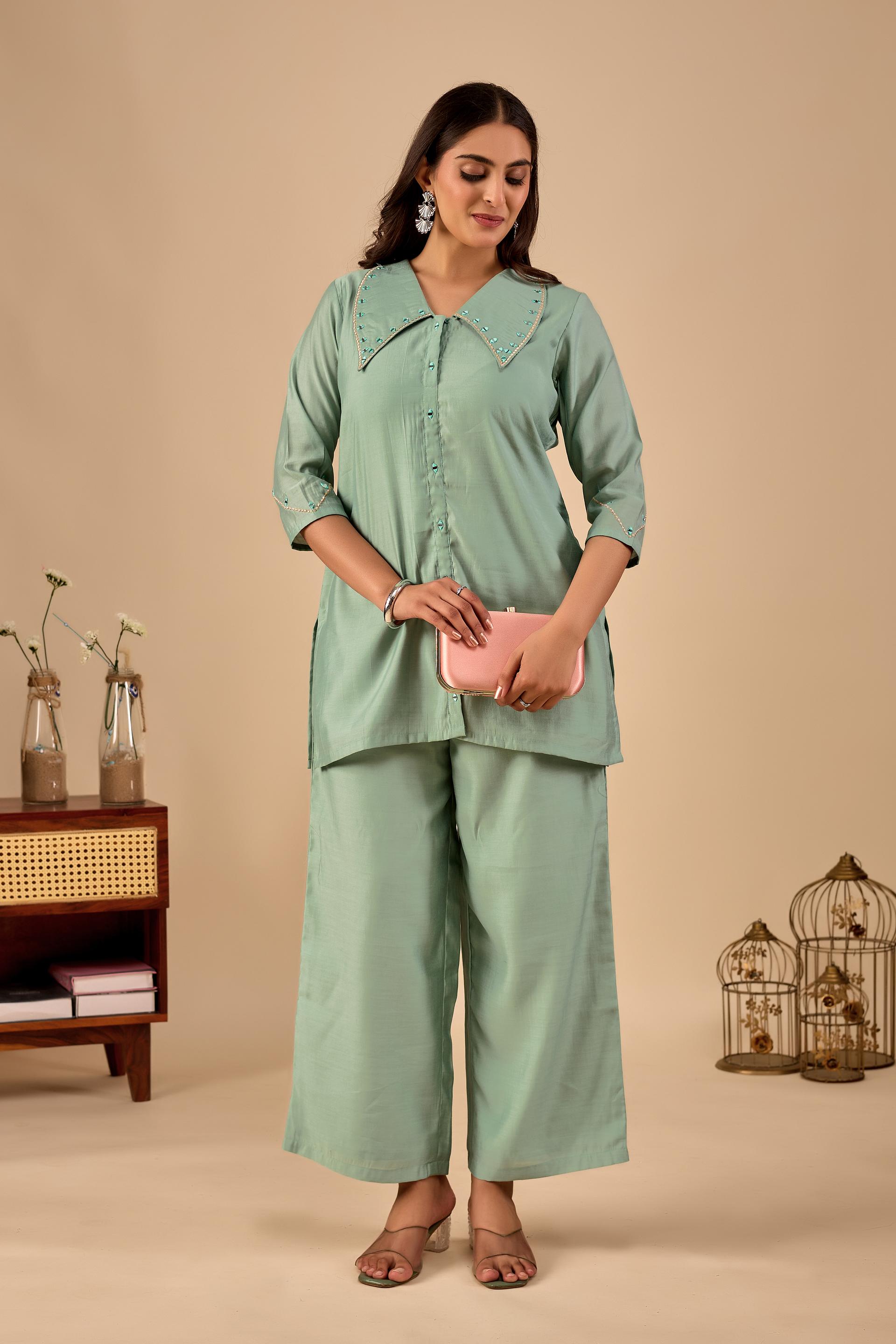 Elegant Sage Green Handwork Co-Ord Set With Embroidered Collar & Wide-Leg Pants B2b