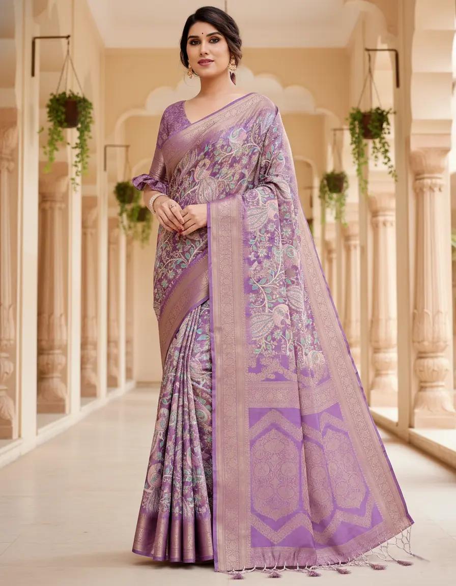 Elegant Purple Floral Silk Saree And Woven Border And Pallu And Unstitched Blouse | Dhanjyoti 