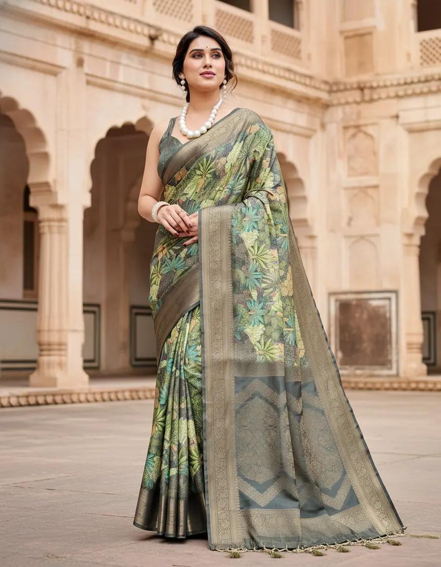 Elegant Floral Printed Saree And Woven Border And Pallu With Unstitched Blouse Party Wear | Dhanjyoti 