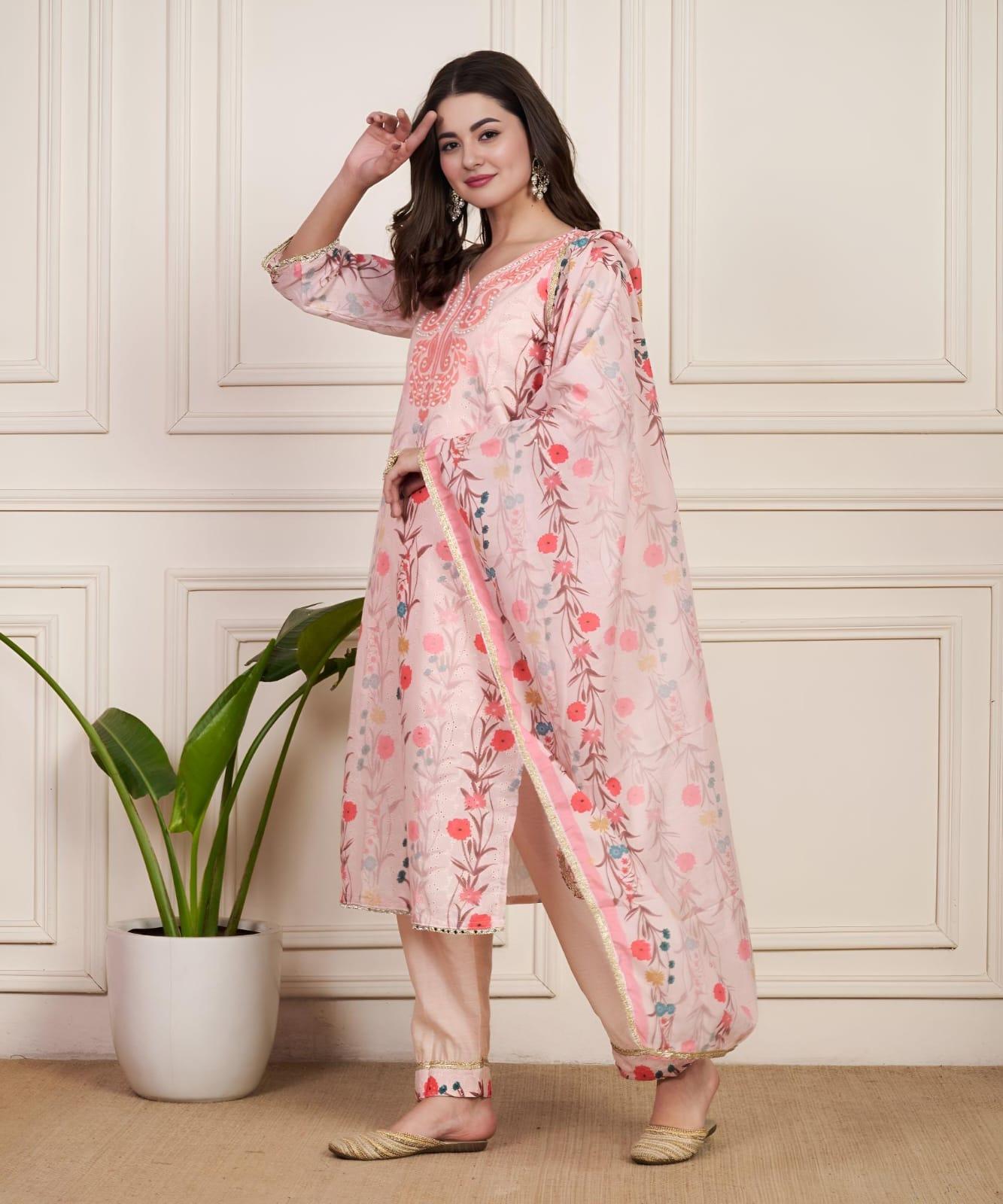 Baby Pink Shifli Cotton Printed With Embroidered Kurta Set For Party Wear | Dhanjyoti - Image 4
