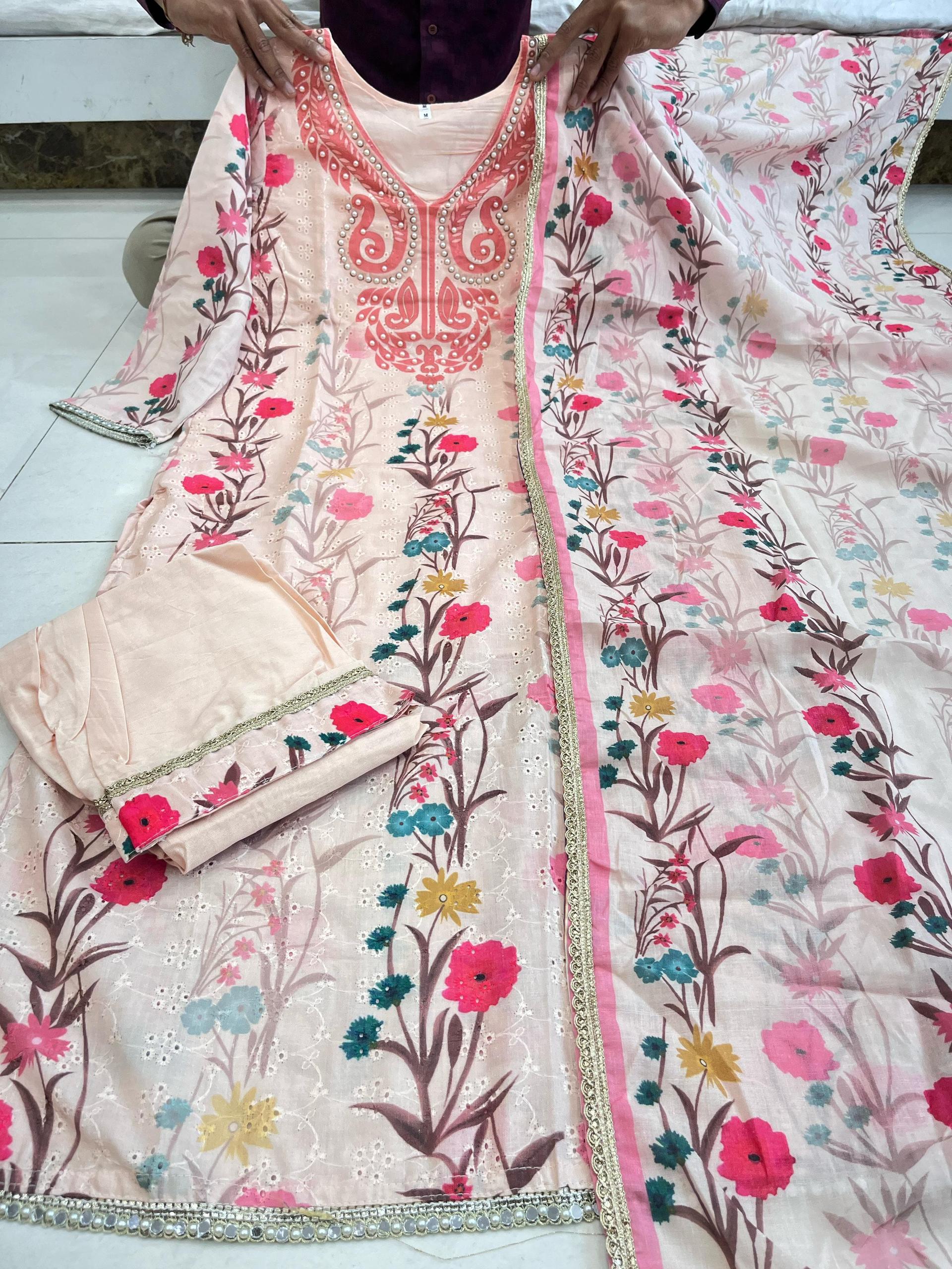 Baby Pink Shifli Cotton Printed With Embroidered Kurta Set For Party Wear | Dhanjyoti - Image 5