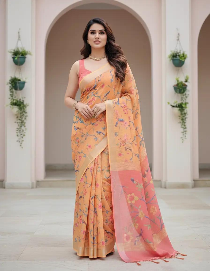Fanta Orange Floral Printed Linen Saree Woven Border With Unstitched Blouse Party Wear |dhanjyoti