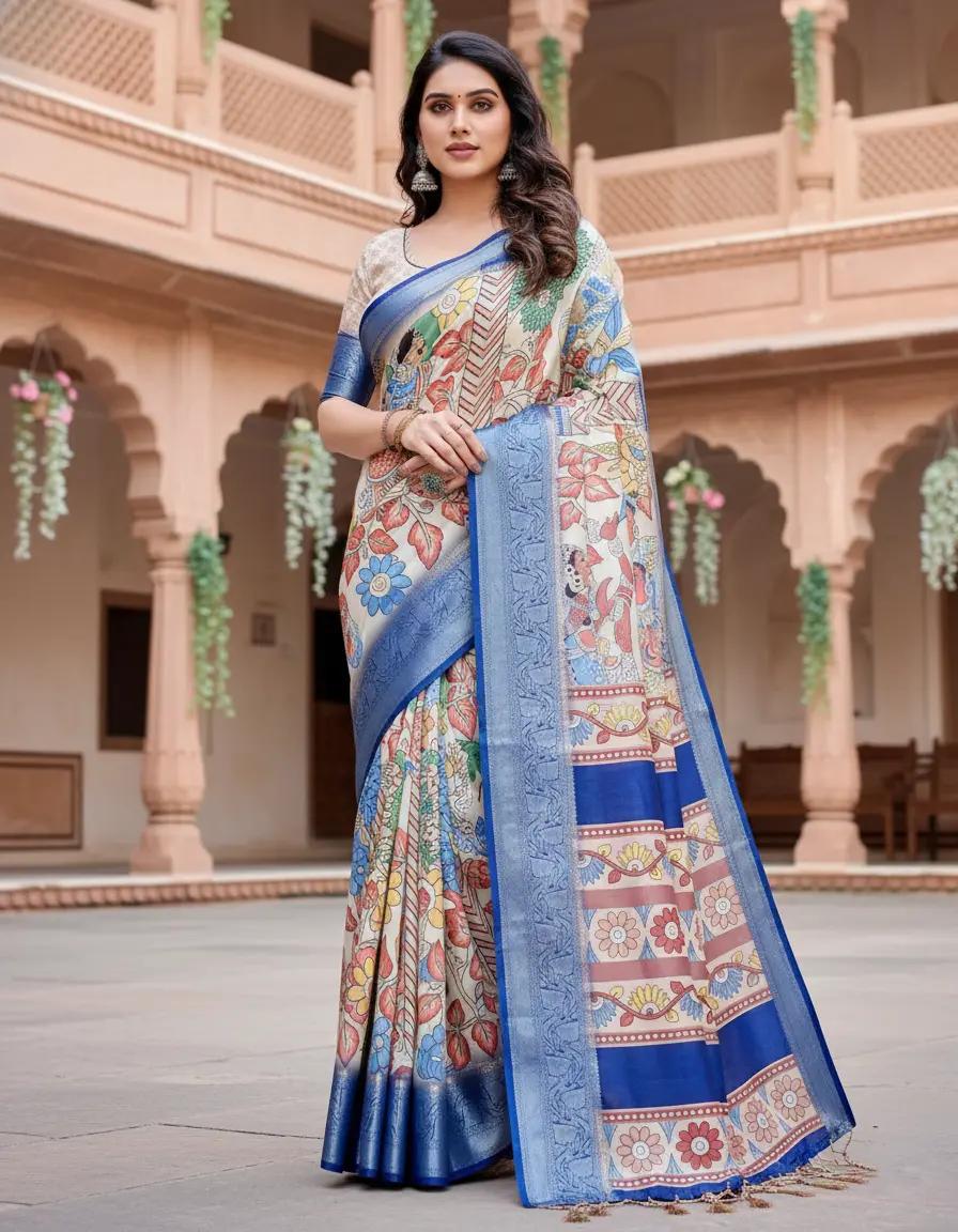Ethnic Digital Printed Silk Saree And Woven Border With Unstitched Blouse And Party And Festival Wear | Dhanjyoti 
