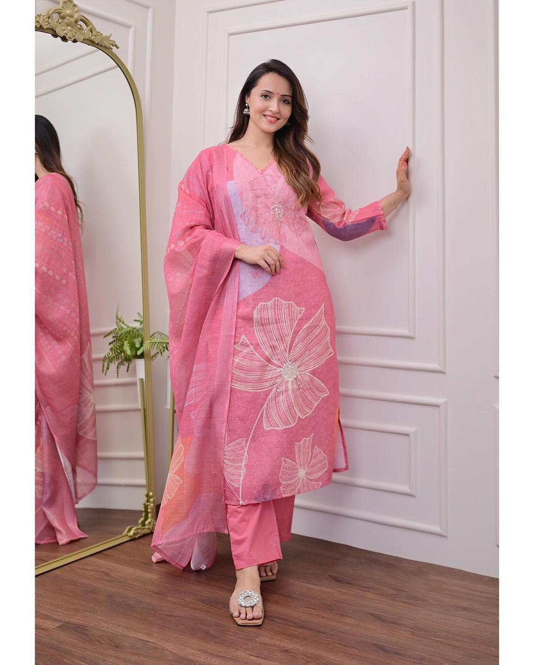  Pastel Pink Suit Set With Large Floral Embroidery/Print | Dhanjyoti - Image 3