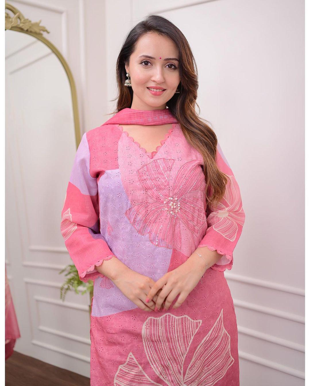  Pastel Pink Suit Set With Large Floral Embroidery/Print | Dhanjyoti - Image 2