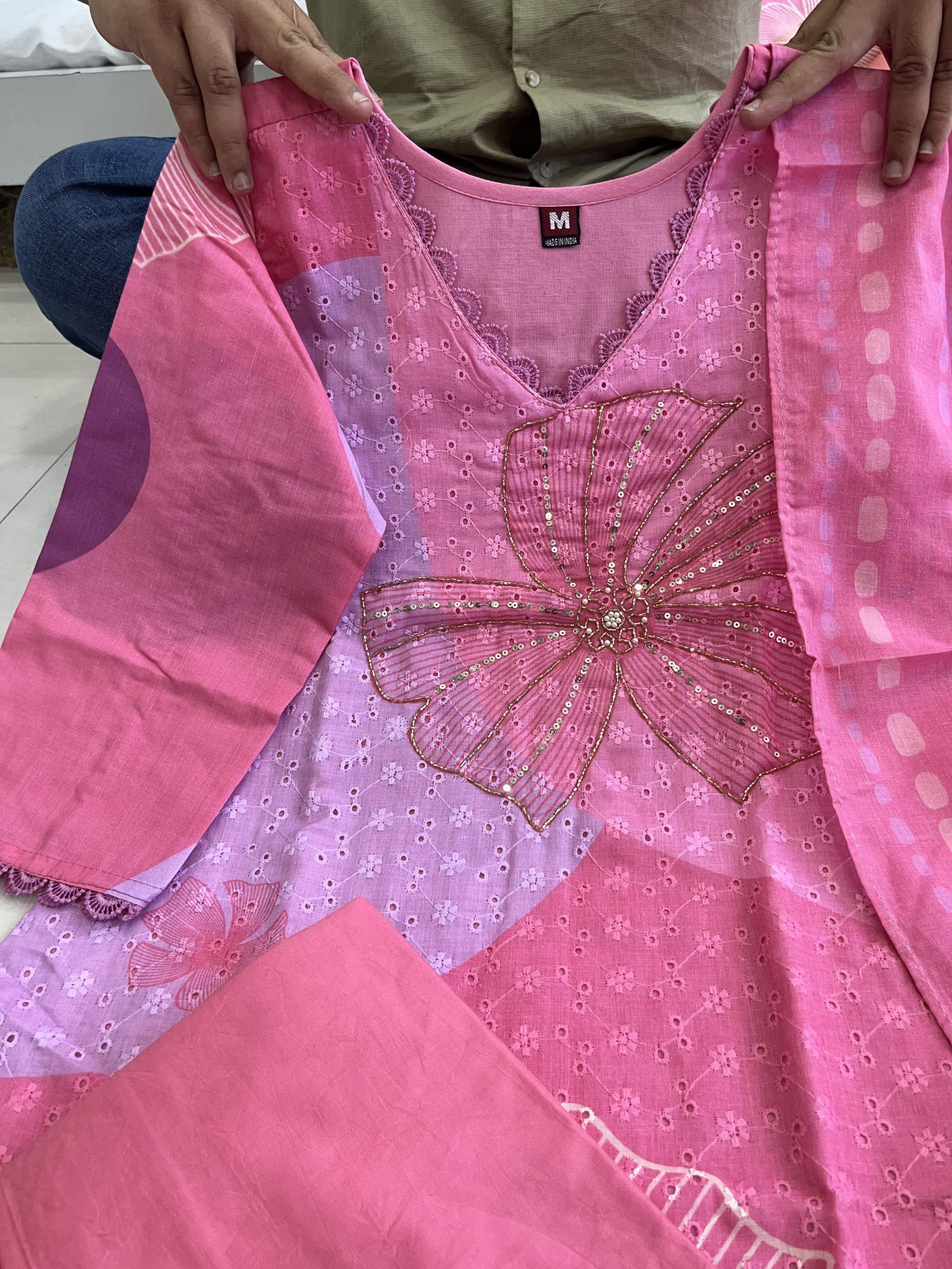  Pastel Pink Suit Set With Large Floral Embroidery/Print | Dhanjyoti - Image 5