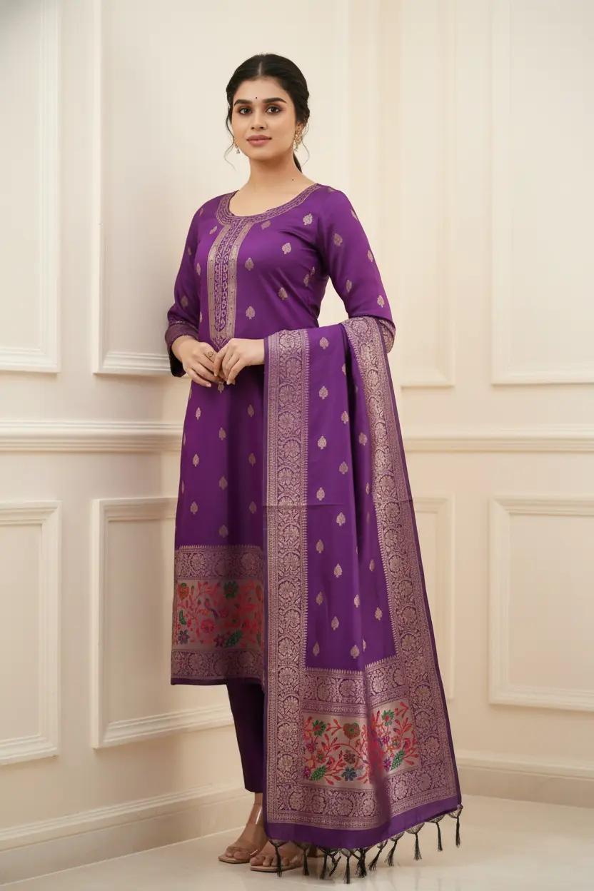 Woven Paithani-Style Kurta Set With Brocade Dupatta For Party Wear | Dhanjyoti