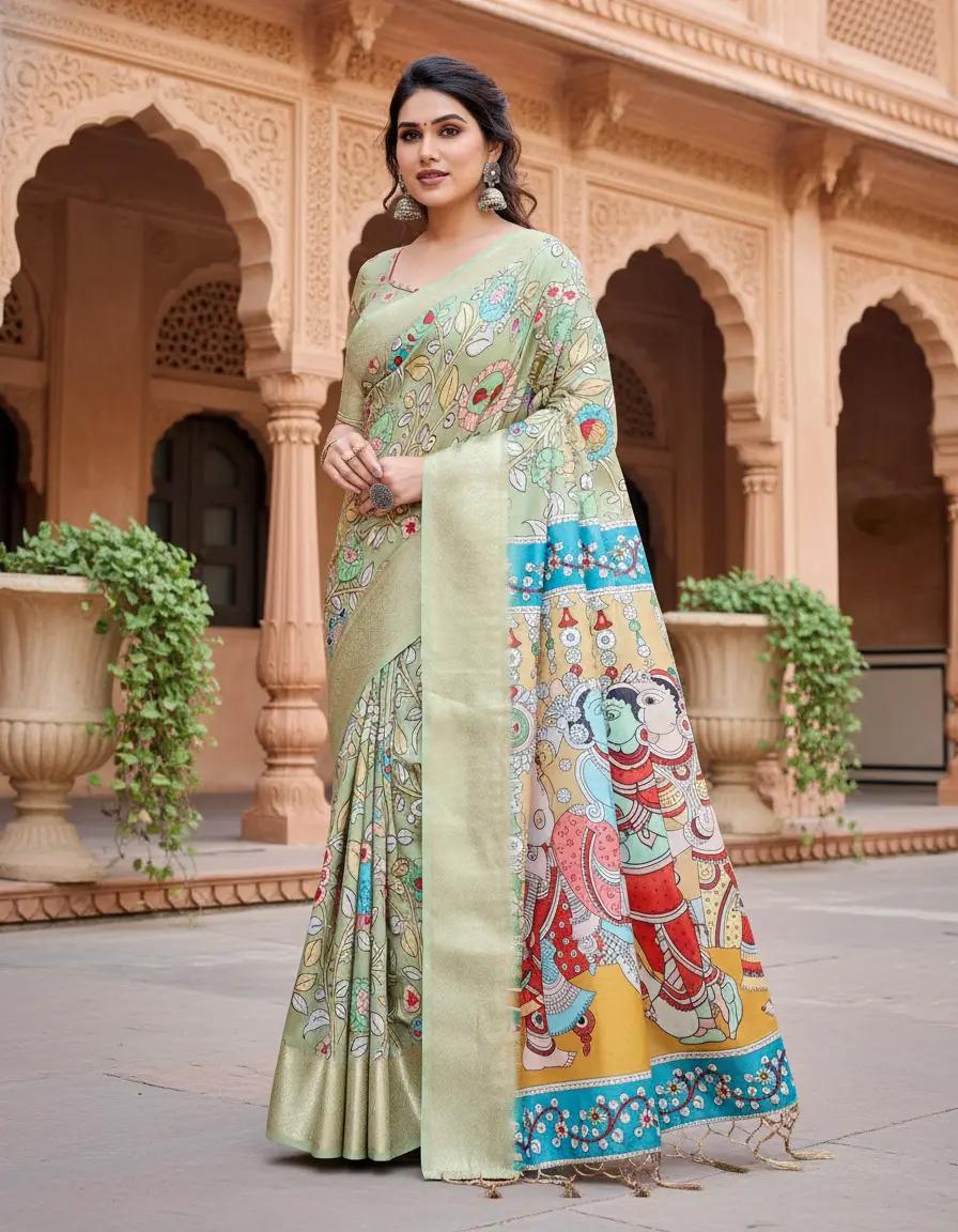 Elegant Floral Print Silk Saree And Woven Border And Pallu With Unstitched Blouse | Dhanjyoti