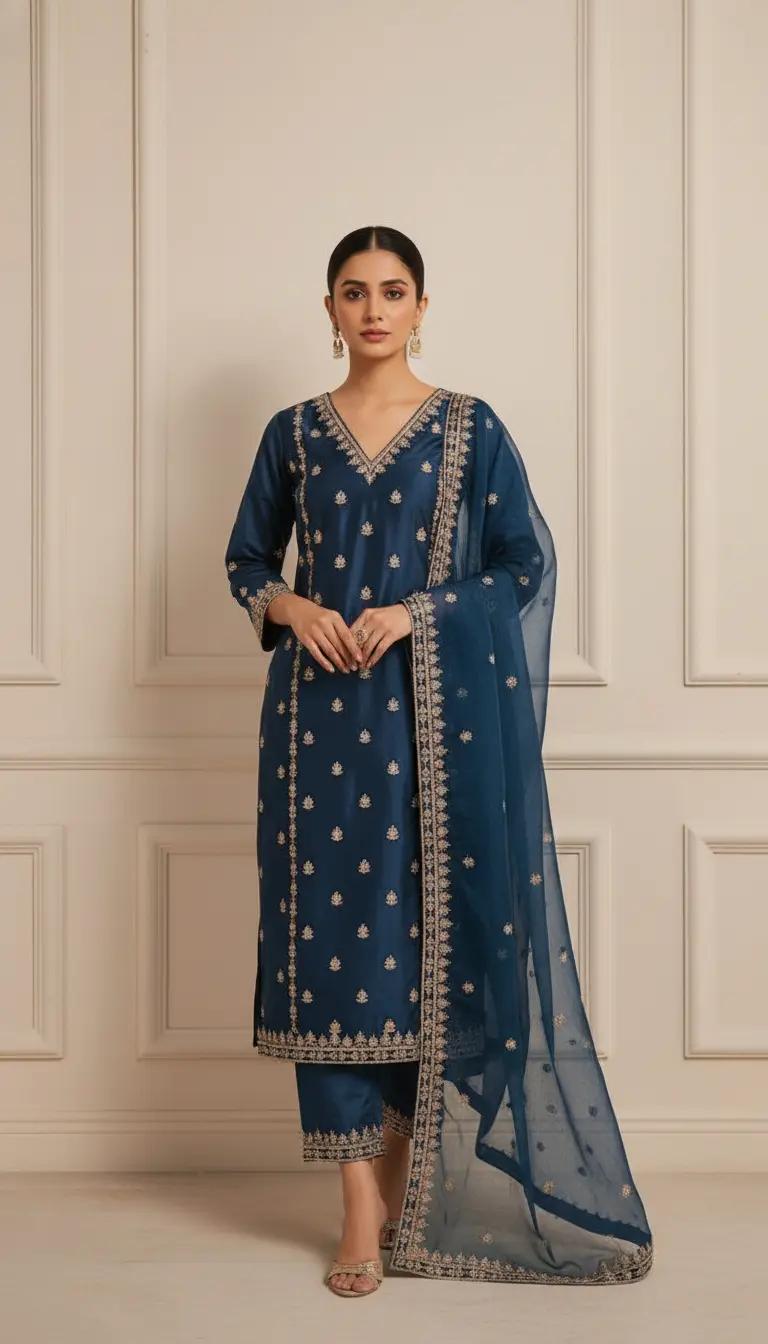 Navy Blue Chanderi Silk Suit Set With Gold Embroidery For Evening Wear | Dhanjyoti