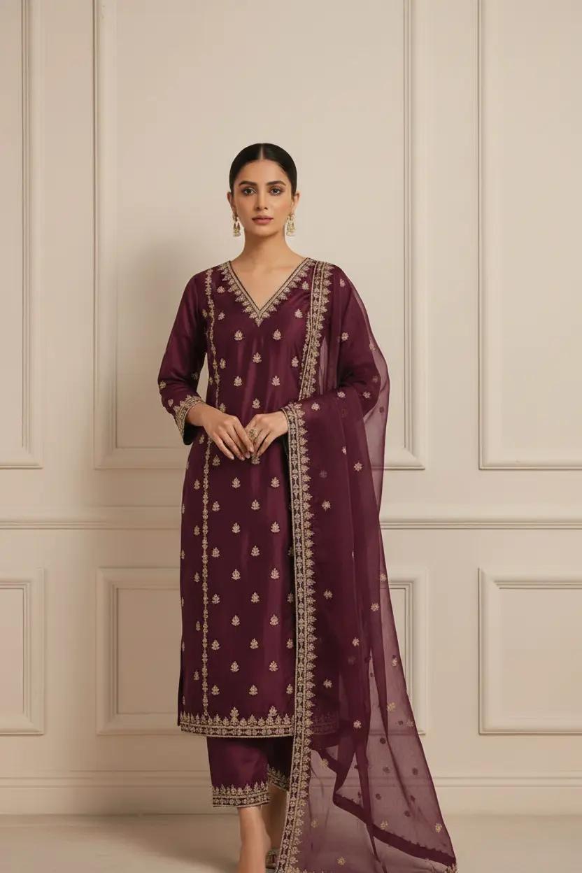 Navy Blue Chanderi Silk Suit Set With Gold Embroidery For Evening Wear | Dhanjyoti - Image 6