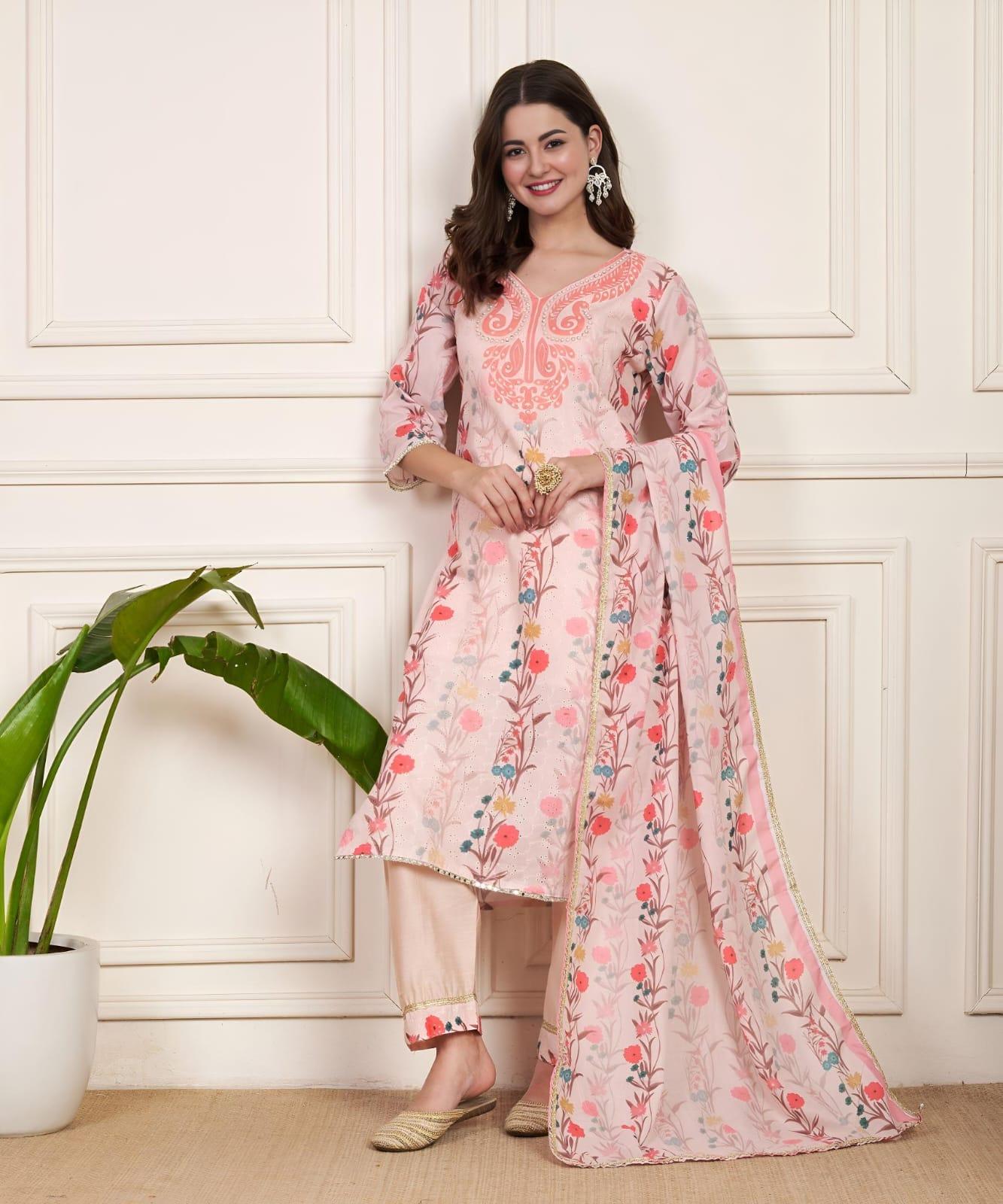 Baby Pink Shifli Cotton Printed With Embroidered Kurta Set For Party Wear | Dhanjyoti - Image 2