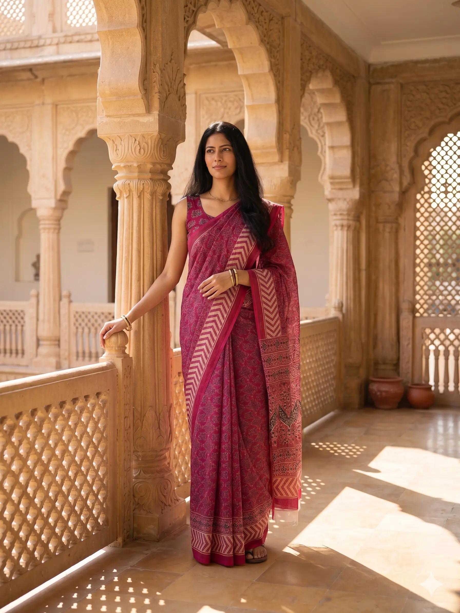 Pink Chanderi Cotton Saree With Ethnic Motifs & Contrast Chevron Border Casual Wear | Dhanjyoti